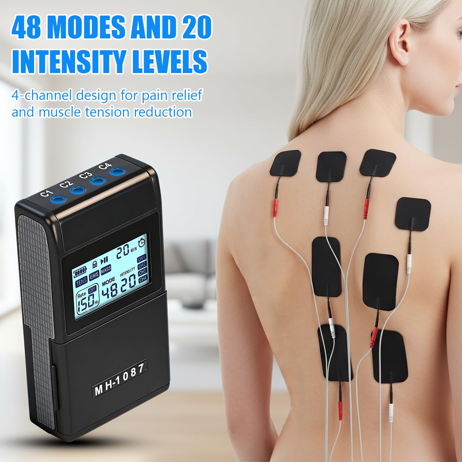 Elettrostimolatore Muscolare 3 in 1 TENS Elettrostimolatore a Doppio Canale 48 Modalità 20 Livelli di Intensità con 8 Elettrodi per Alleviare Il Dolore e Costruire Muscoli