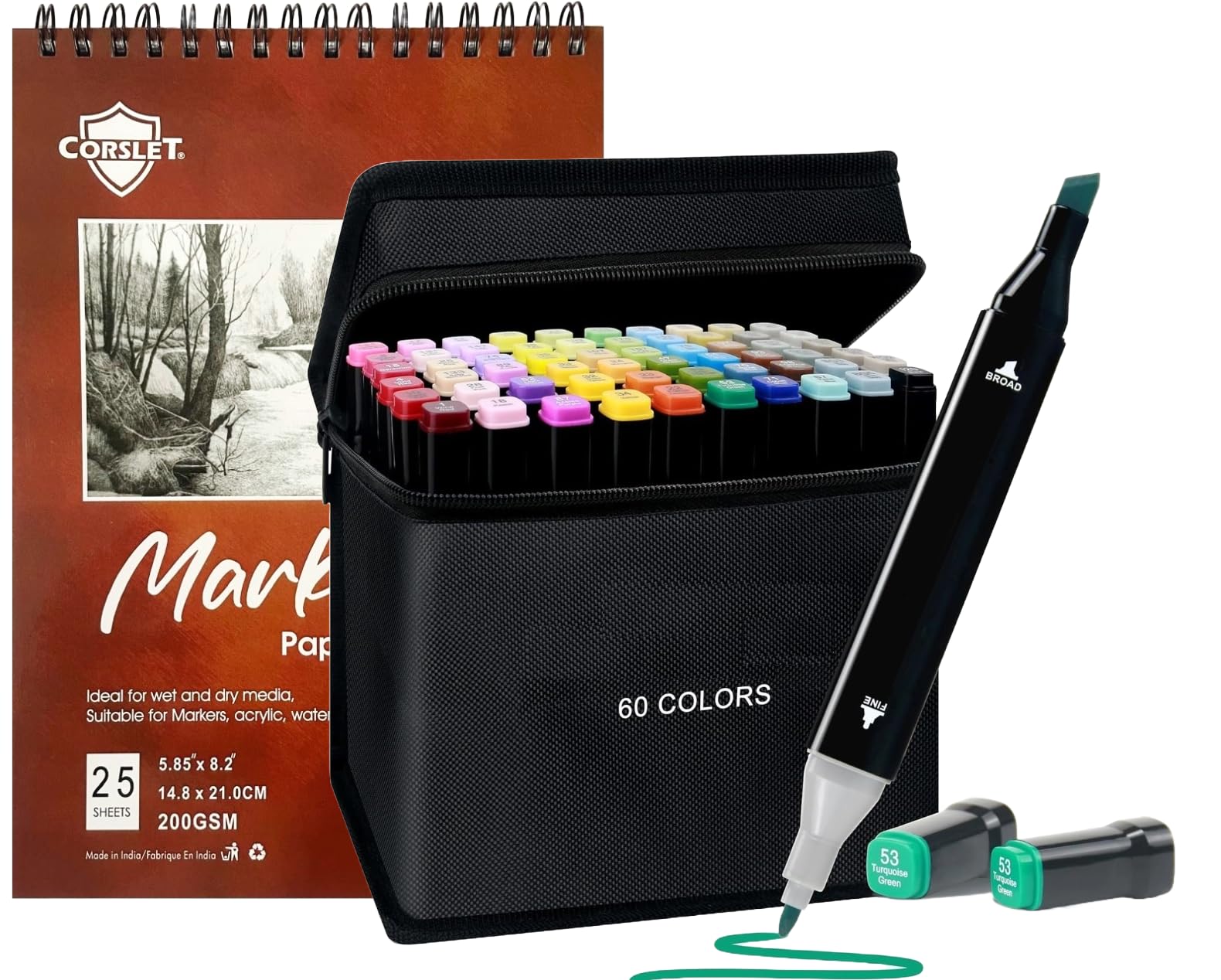 Corslet 60 Pc Dual Tip Markers Set Colour Markers for Drawing Marker Pens  for Drawing Markers with Bleedproof Sketchbook 200gm Marker Pad
