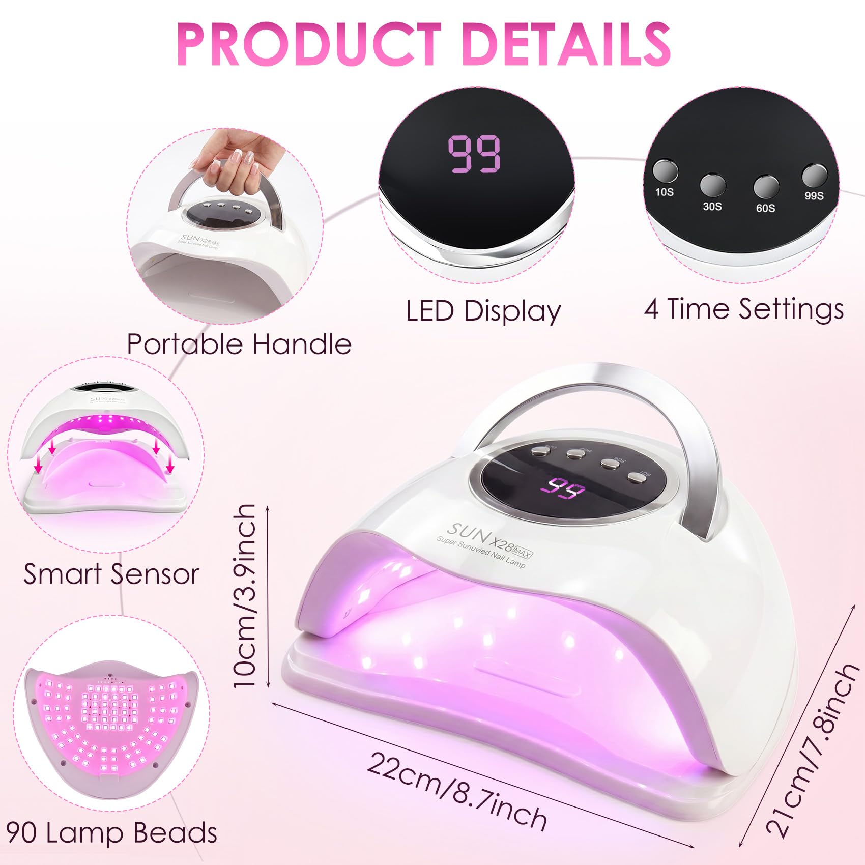 380W Lampada UV LED Unghie, 90 LED Integrati, 4 Timer, Display Digitale