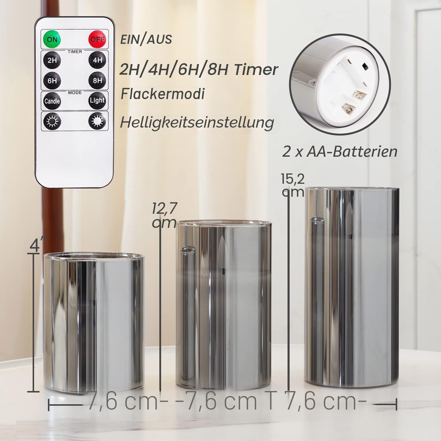 Homemory Grau Glas Flammenlose Kerzen, Batteriebetriebene LED Stumpenkerzen mit Fernbedienung und Timer, Elektrische Kerzen, Echtes Wachs, 3er-Set