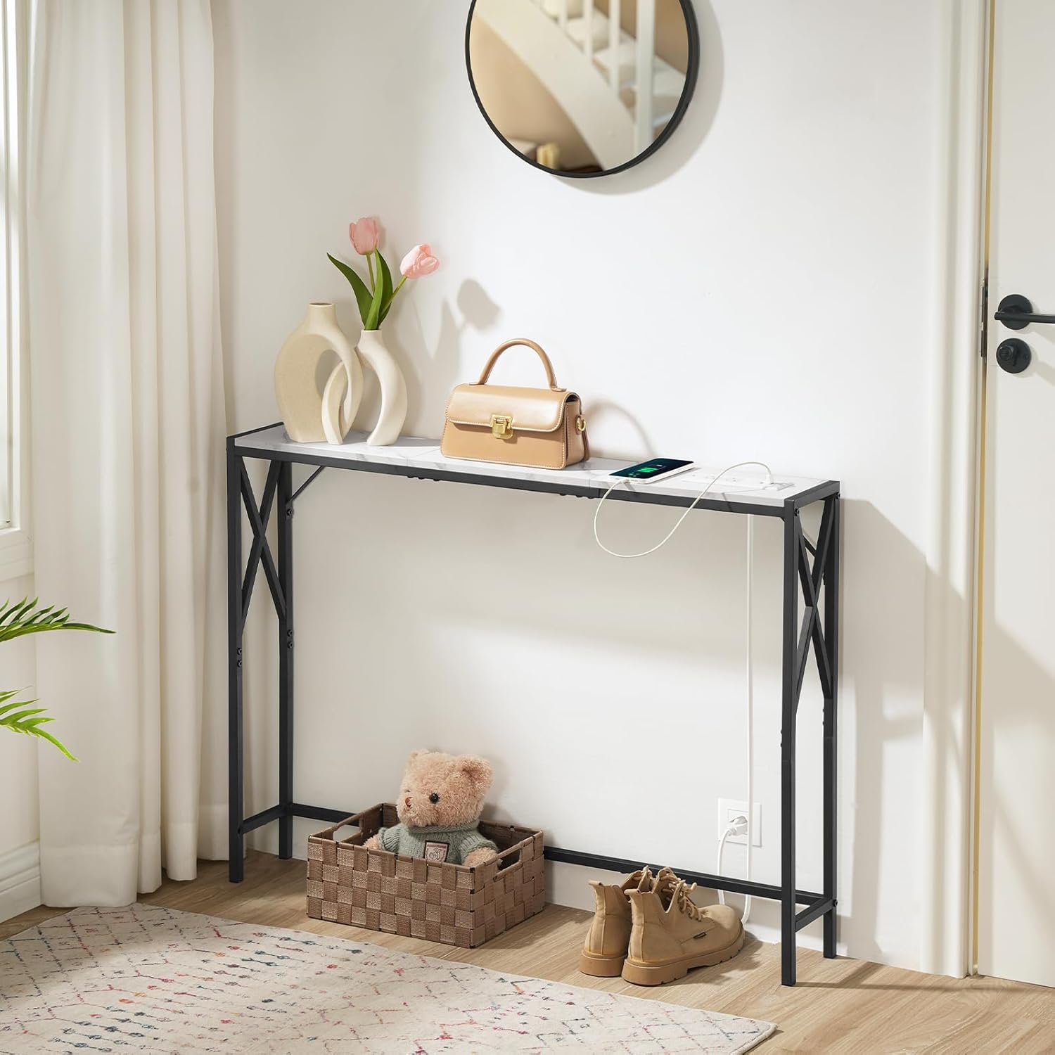 MAHANCRIS 39.4” Narrow Sofa Table with Charging Station, Skinny Console Table, Slim Entryway Hallway Couch Table, for Entrance, Foyer, Living Room, Hallway, Marble CTHM151E01