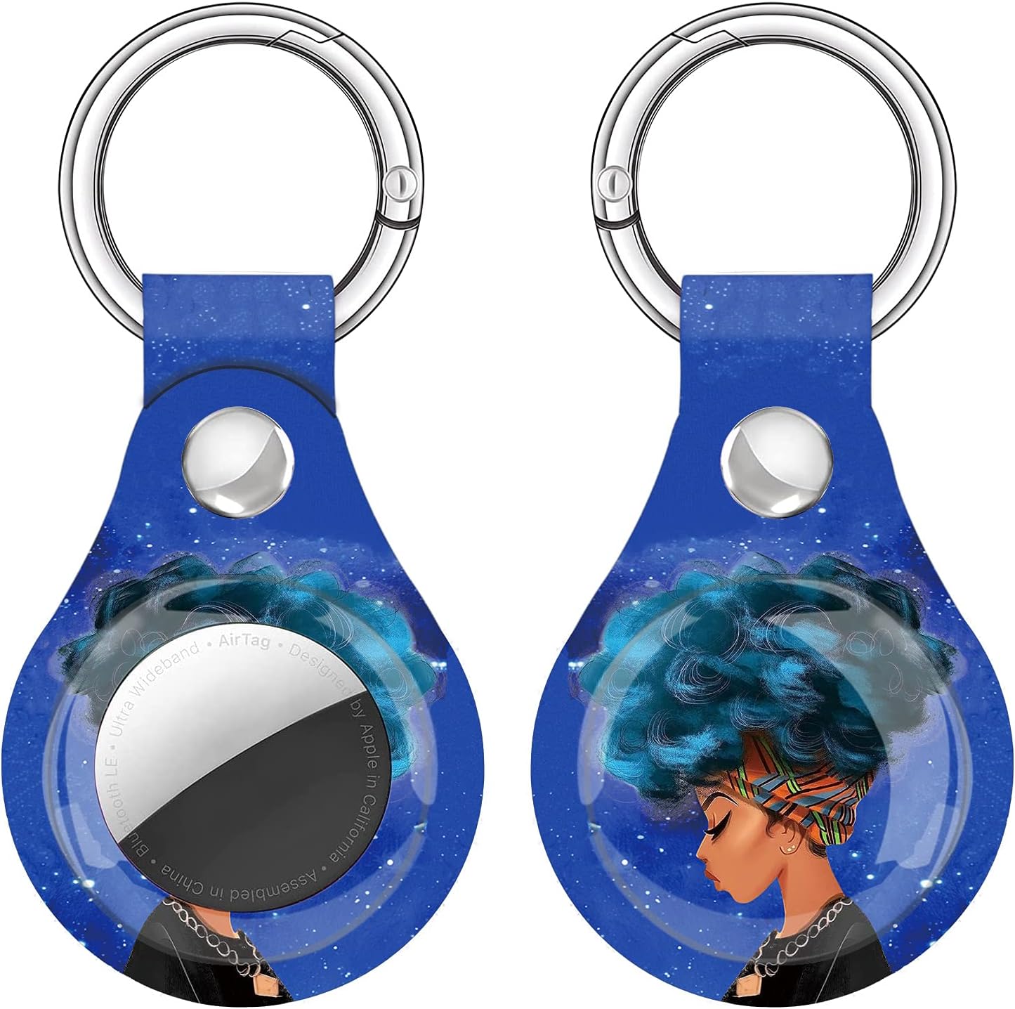 Case for Airtags Holder, Cute Air Tags Case Cover with Anti-Lost Keychain, [Scratch Resistant] Protective Airtags Case for Apple Tracker Key Finder 2021 Women (Black Girl(Blue Hair))