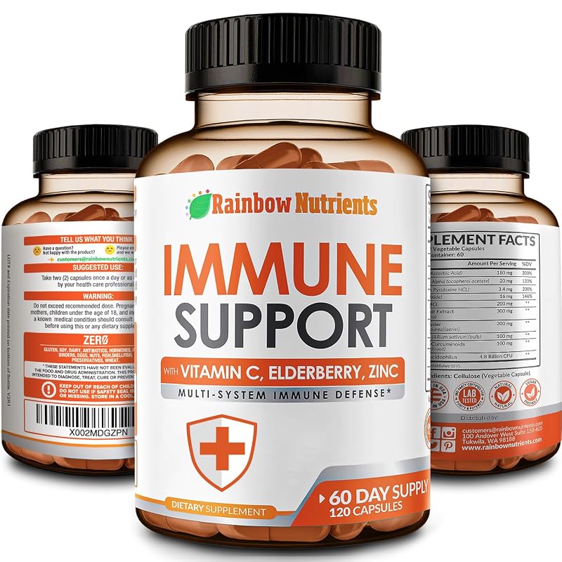 Rainbow Nutrients, LLC Suplemento para a imunidade com vitamina C, zinco, sabugueiro, equinácea, cúrcuma, probióticos, vitaminas E e B6, alho e L-glutamina, 120 cápsulas