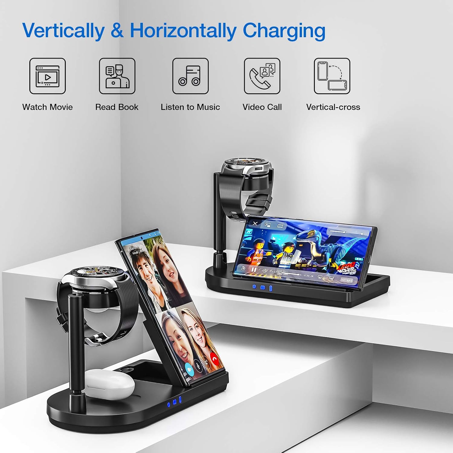 4 in 1 Wireless Charging Station for Samsung, Foldable Wireless Charger with Night Light for Galaxy Z Flip3/S23/22/21/20/10/Note7 Series, Travel Charging Stand for Galaxy Buds, Watch 5/4/Active/GS4