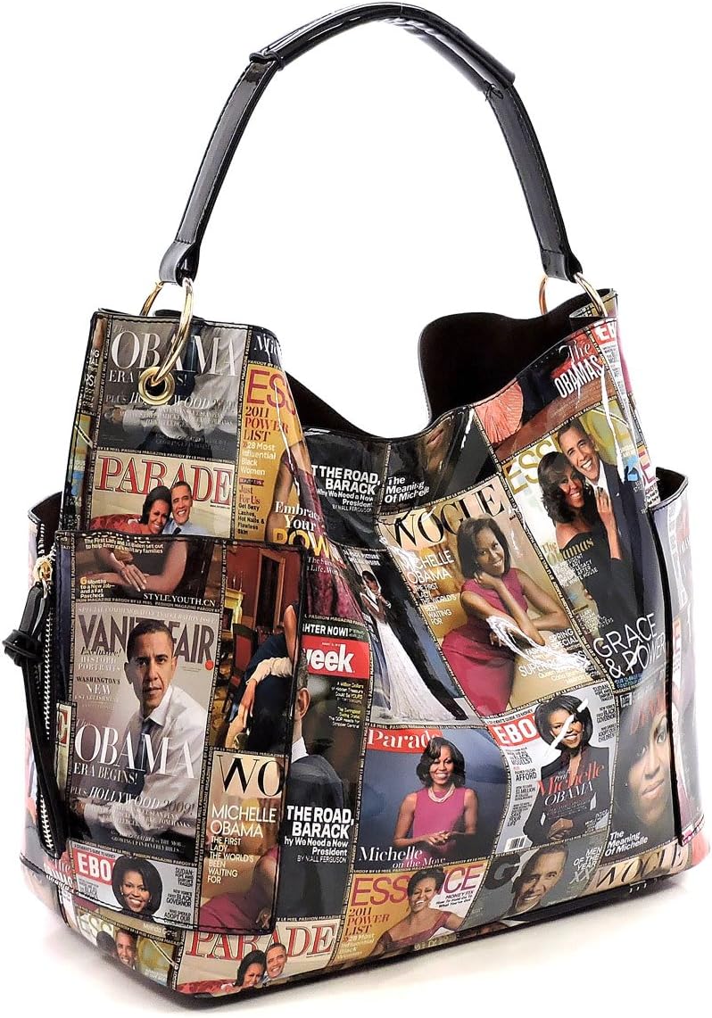 Magazine Cover Collage Michelle Obama Printed Square Hobo bag + Crossbody purse + Wallet 3pcs Set (Multi)