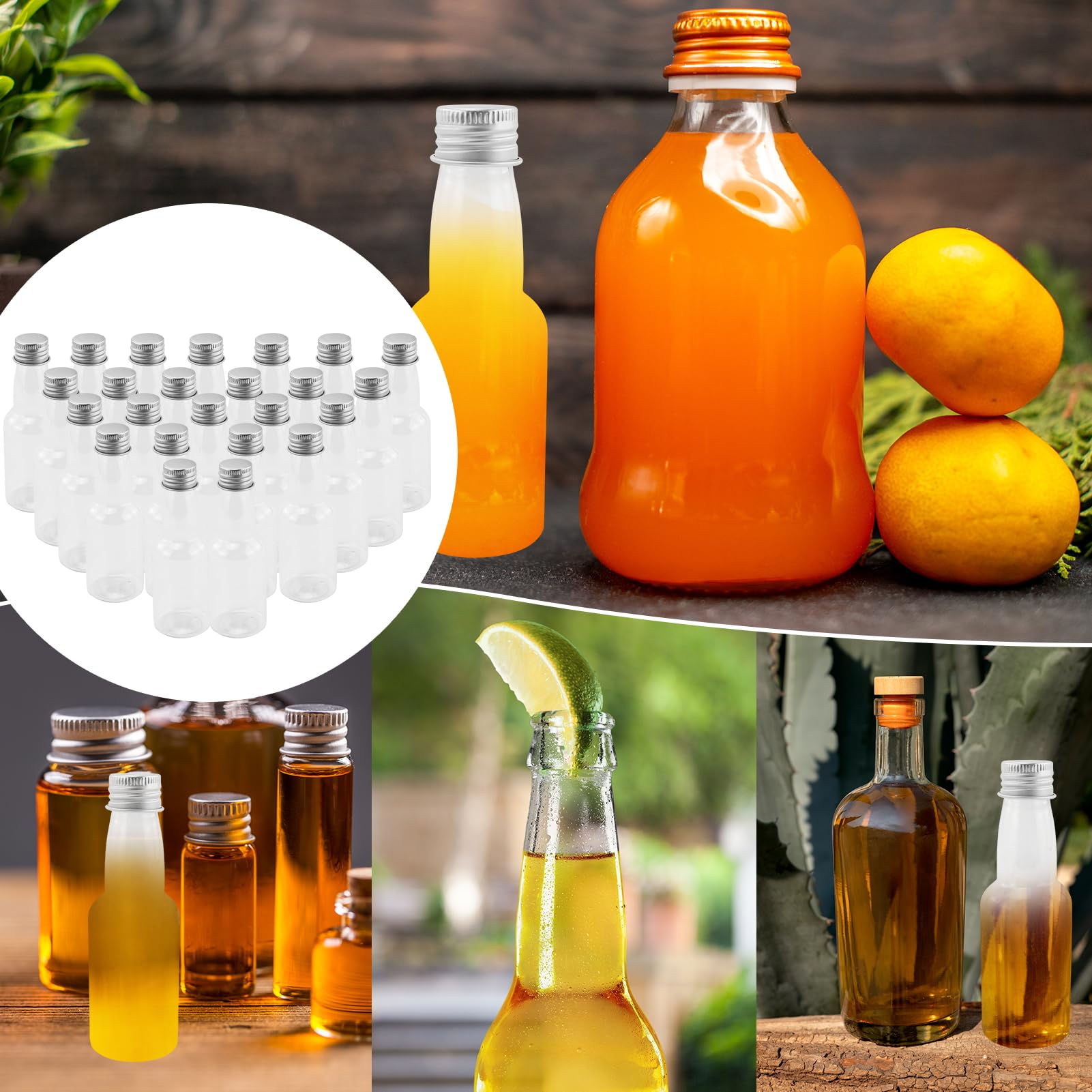 25 mini bottiglie di liquore da 50 ml, in plastica, con coperchio argentato e imbuto di stoccaggio