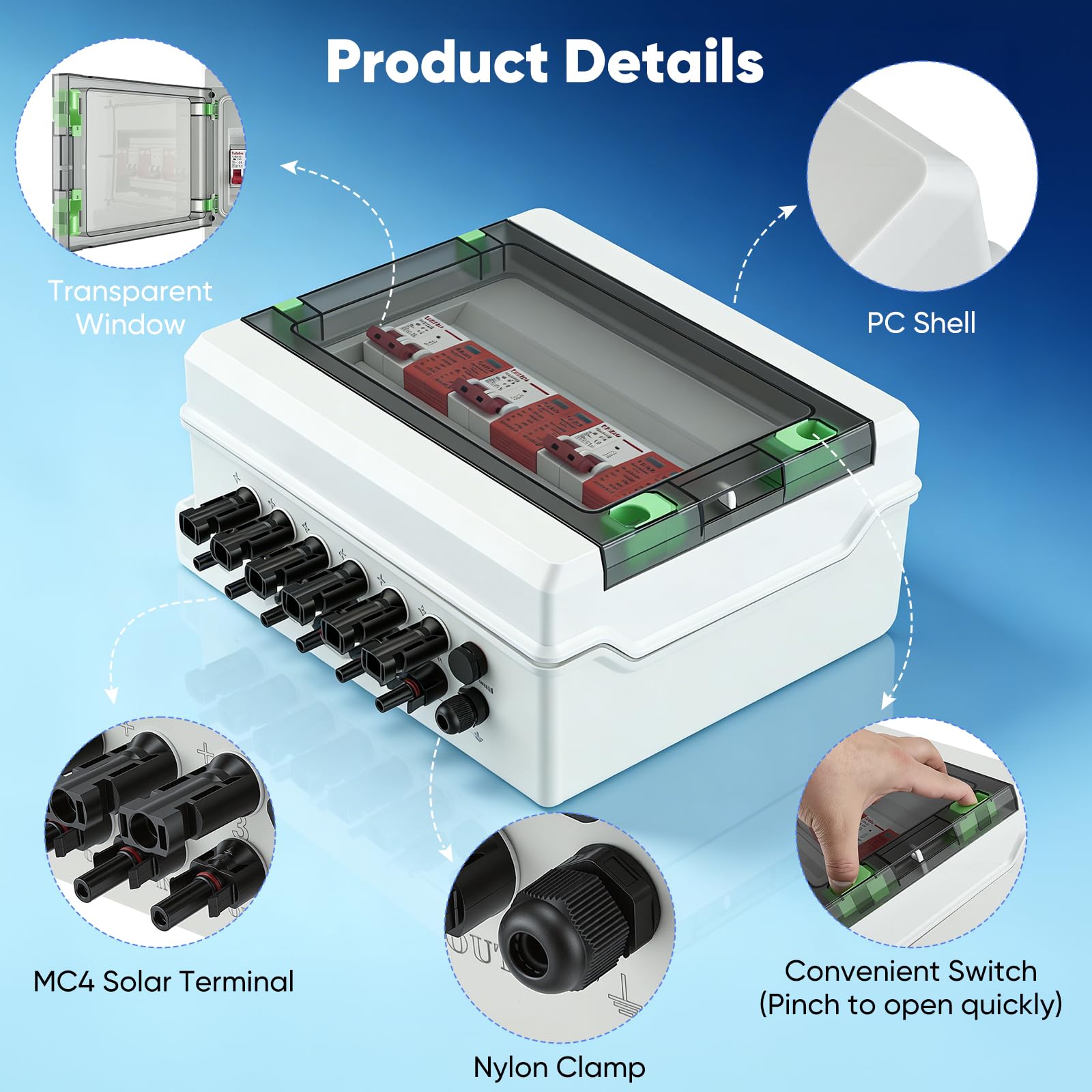 Überspannungsschutz PV, DC 40A/1000V 3 in 3 out Trennschalter Blitzschutz Leitungsschutzschalter 3 String 1000V DC 40A 20-40KA IP65 Wasserdicht Solar Anschlusskasten für Photovoltaik PV Anlage