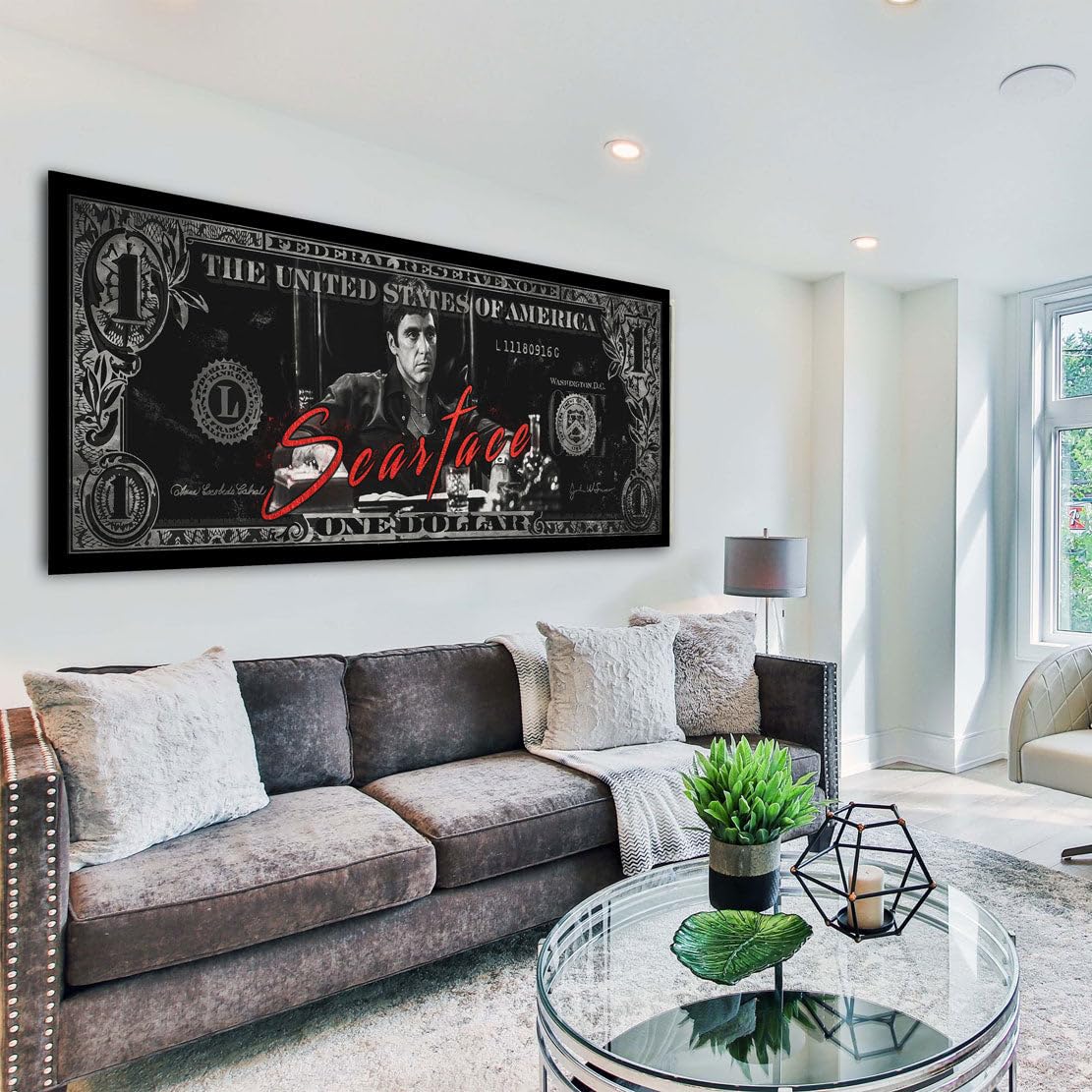 Pop Art Scarface Film Dollar Leinwandbild Wandbild Kunst XL Deko Größe 75x30x2cm