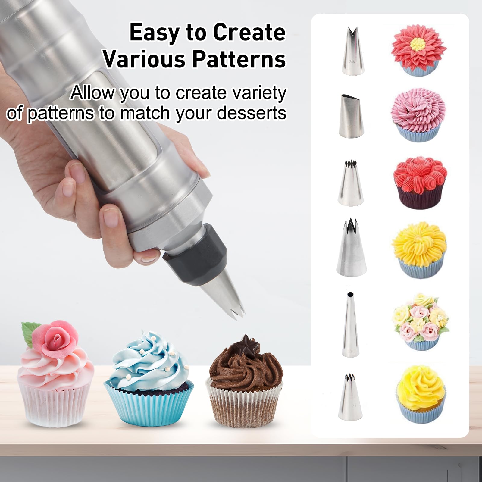Juego de jeringas para decoración de postres, kit de tubería de glaseado de cupcakes de acero inoxidable con 6 boquillas de glaseado, herramientas de decoración reutilizables para pasteles, galletas y