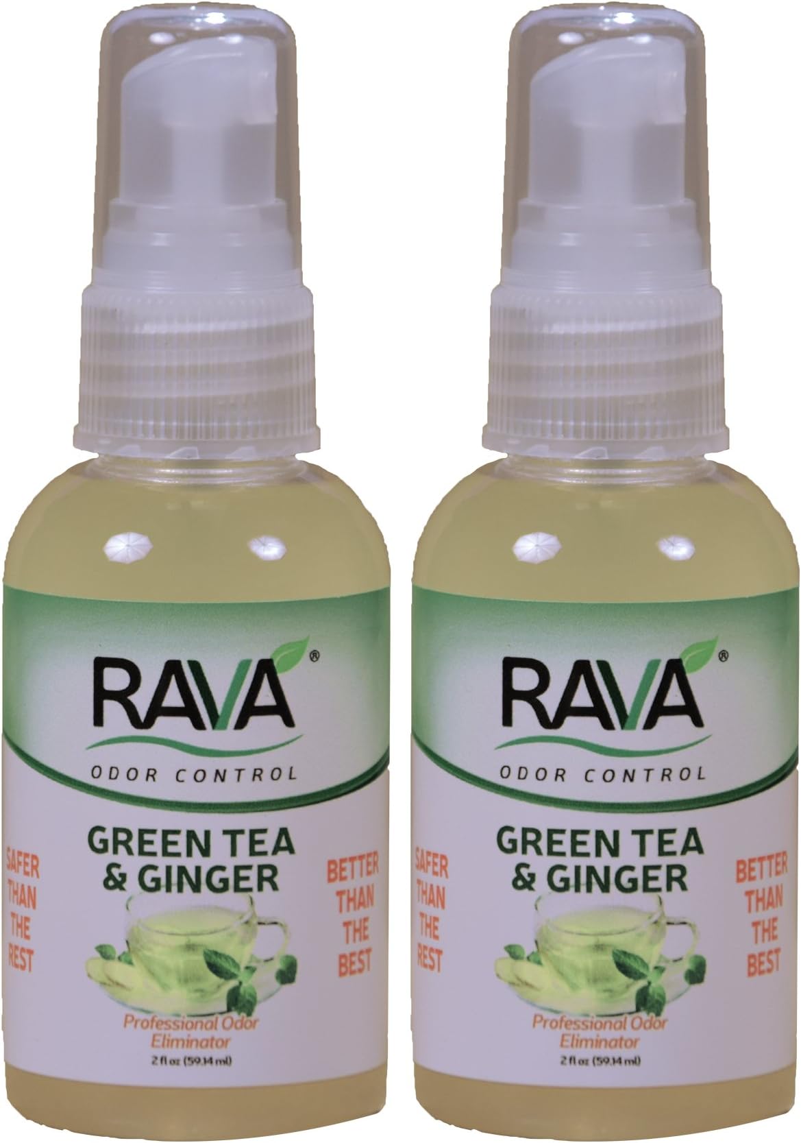 RAVA Odor Control. 99% Food Grade, Controls Dog and cat Urine Odor, Skunk Odor, Tobacco Smoke Smell, Weed Smoke Smell, 2oz Spray Two Pack Green Tea & Ginger Fragrance
