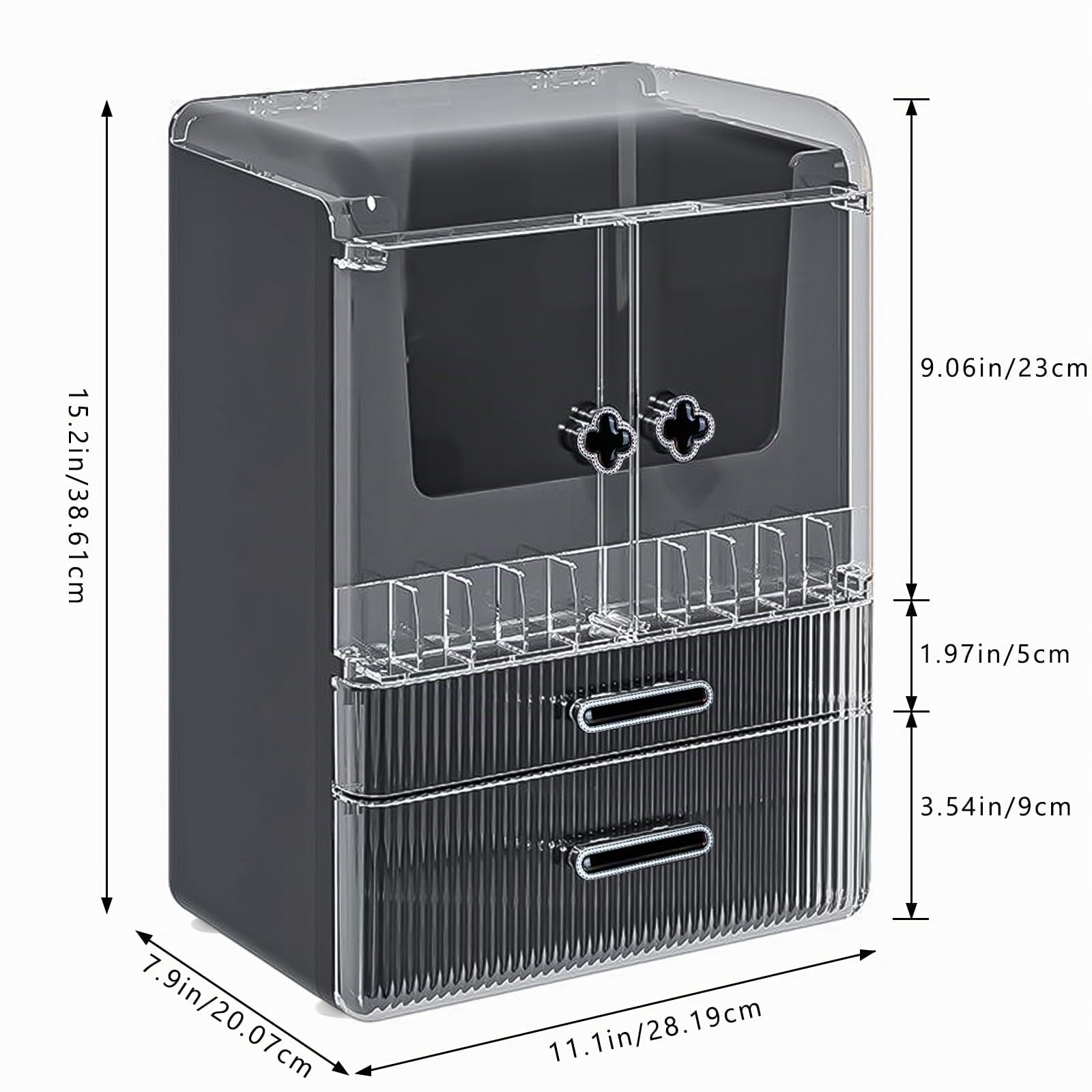 Make Up Organizer Kosmetik Aufbewahrung mit Deckel Schubladen Dustproof Cosmetic Schmink Organizer Beauty Box Hohe Groß Kapazität für Schlafzimmer Badezimmer Schminktisch Schwarz1