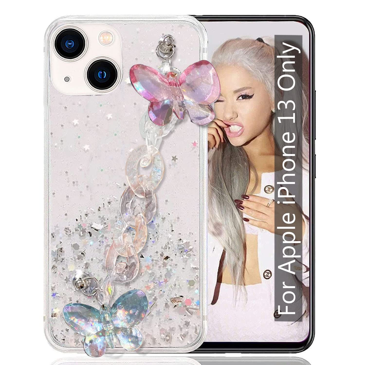 KC Back Cover for Apple iPhone 13, Non Moving Dry Fixed Glitter Shiny Butterfly Wrist Bracelet Chain Holder Soft Silicone Case (Transparent) (B09QCQ7YXF) Amazon Price History, Amazon Price Tracker