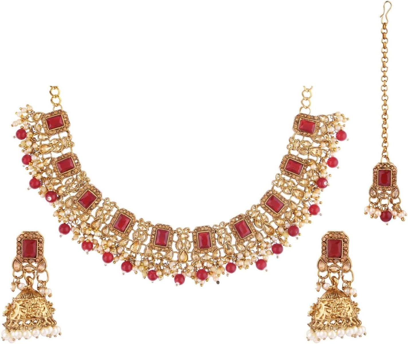 Efulgenz Indian Jewelry Sets for Women Wedding Bridal Sets Bollywood Traditional Faux Kundan Pearl Beads Crystal Stone Necklace Jhumka Jhumki Earrings Maang Tikka Jewelry for Women