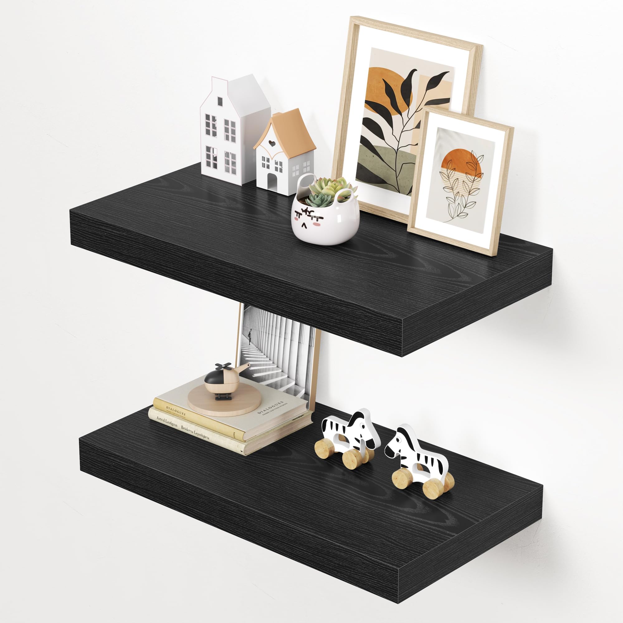 Dreamland 24" Floating Shelves for Wall, 12" Deep Thicker Black Floating Shelves, Wall-Mounted Shelves for Bedroom, Living Room, Kitchen, Bathroom - Set of 2