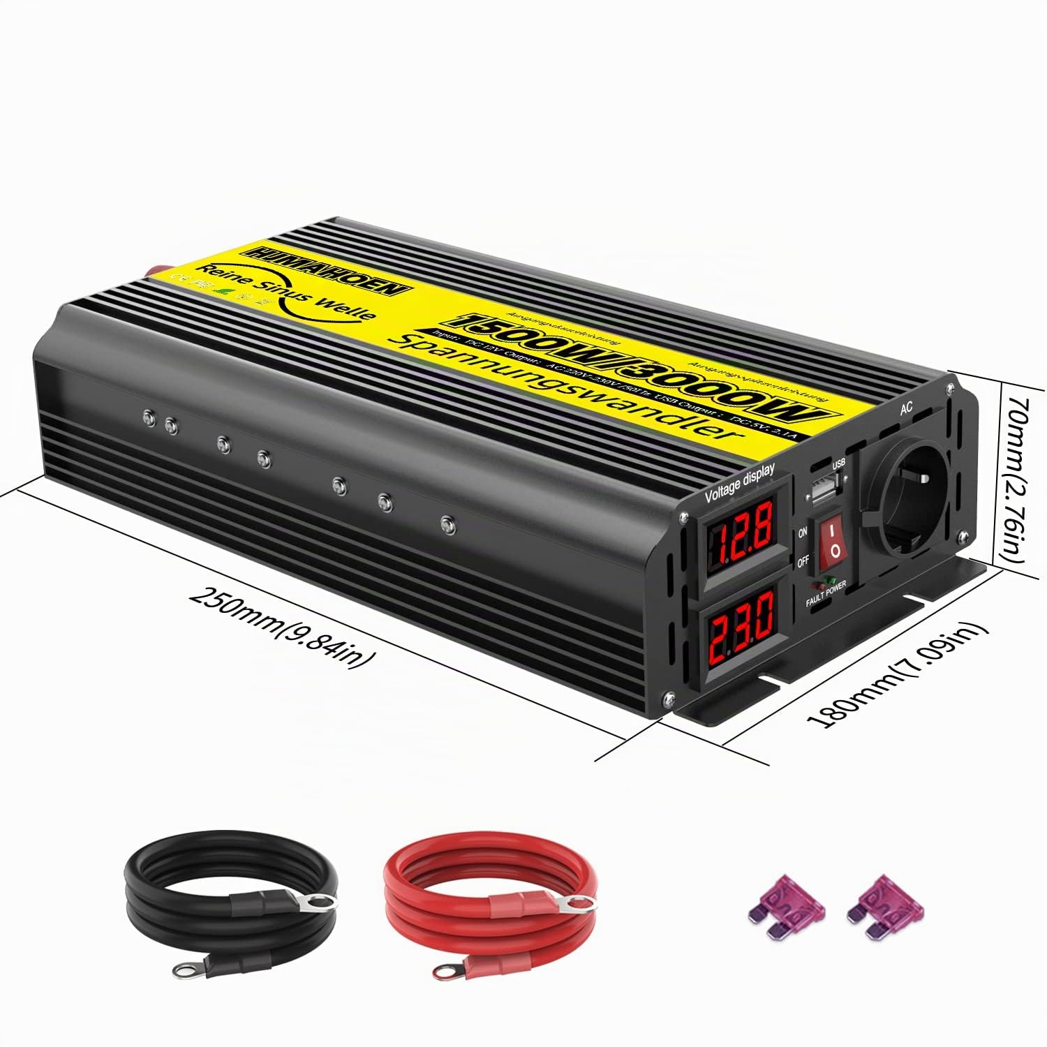 1500W/3000W Convertisseur sinusoïdal Pur 12V vers 230V Convertisseur de Tension sinusoïdale Pure, pour Camping-Car, Camion,avec Ports de Charge USB 5V/2.1A intégrés Convertisseur de Voiture 12 V