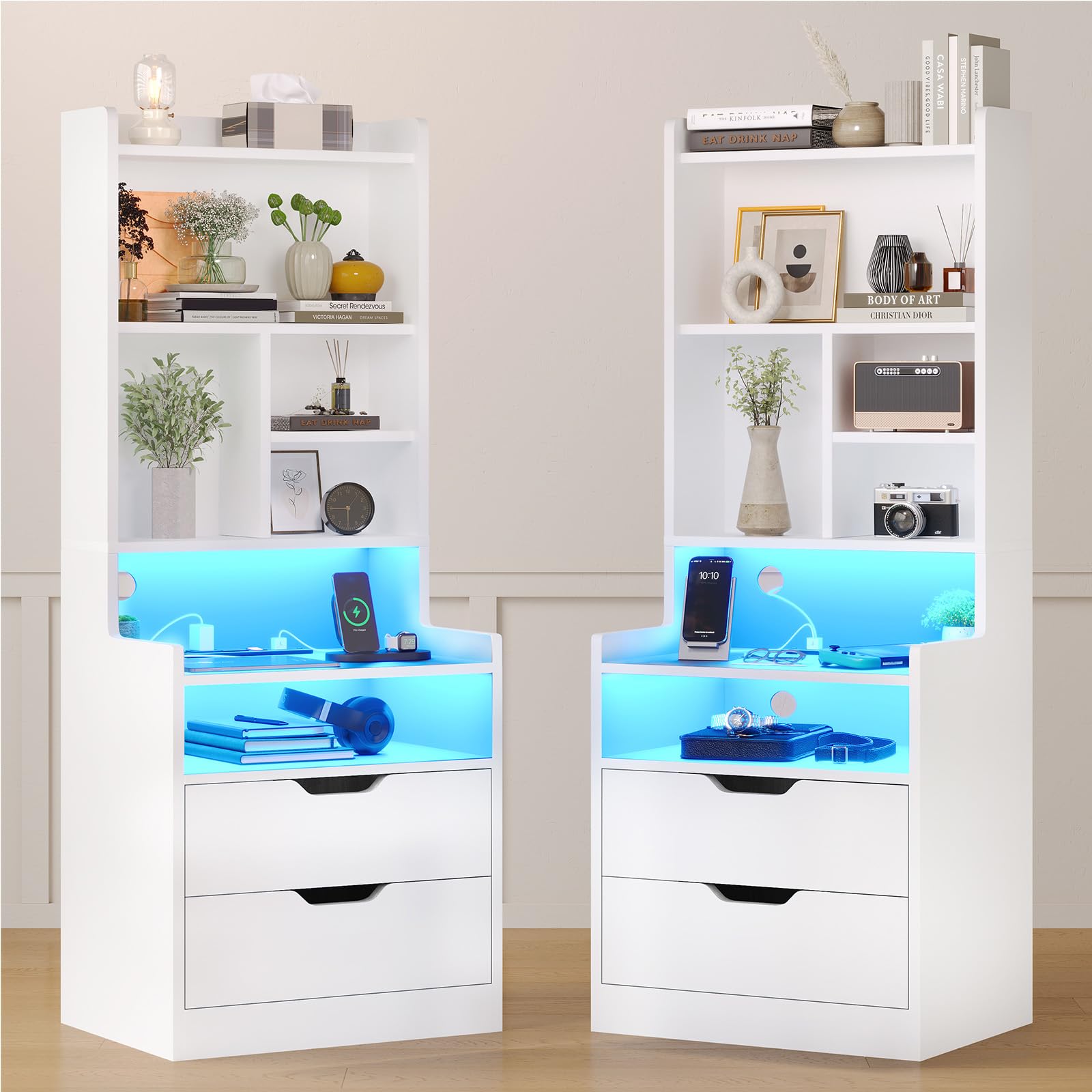Amazon.com: ADORNEVE Tall Nightstand Set of 2,LED Night Stand with