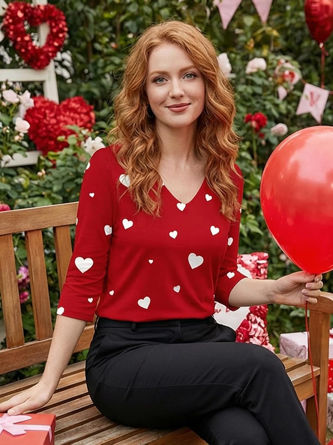 Valentine 3/4 Sleeve V Neck T Shirts for Women Love Heart Graphic Tee Red Valentine's Tops Casual Spring Day Blouse - Image 3