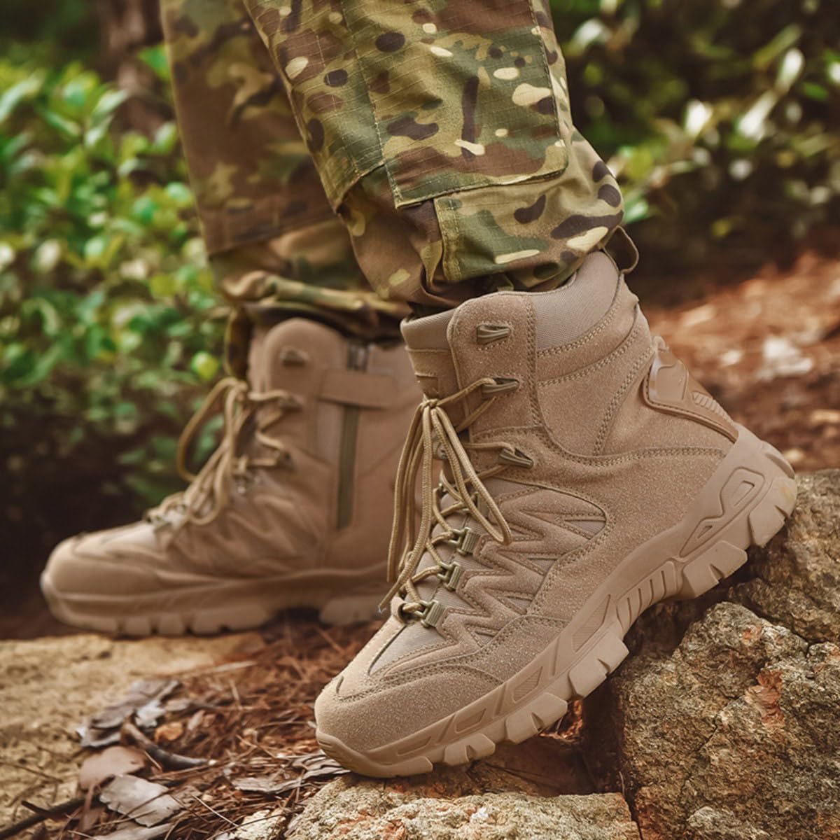 Bitiger Work Boots for Men Construction Gardening: Tactical Boots for Men Zip for Backpacking Hunting - Ankle Combat Boots for Jungle Trekking