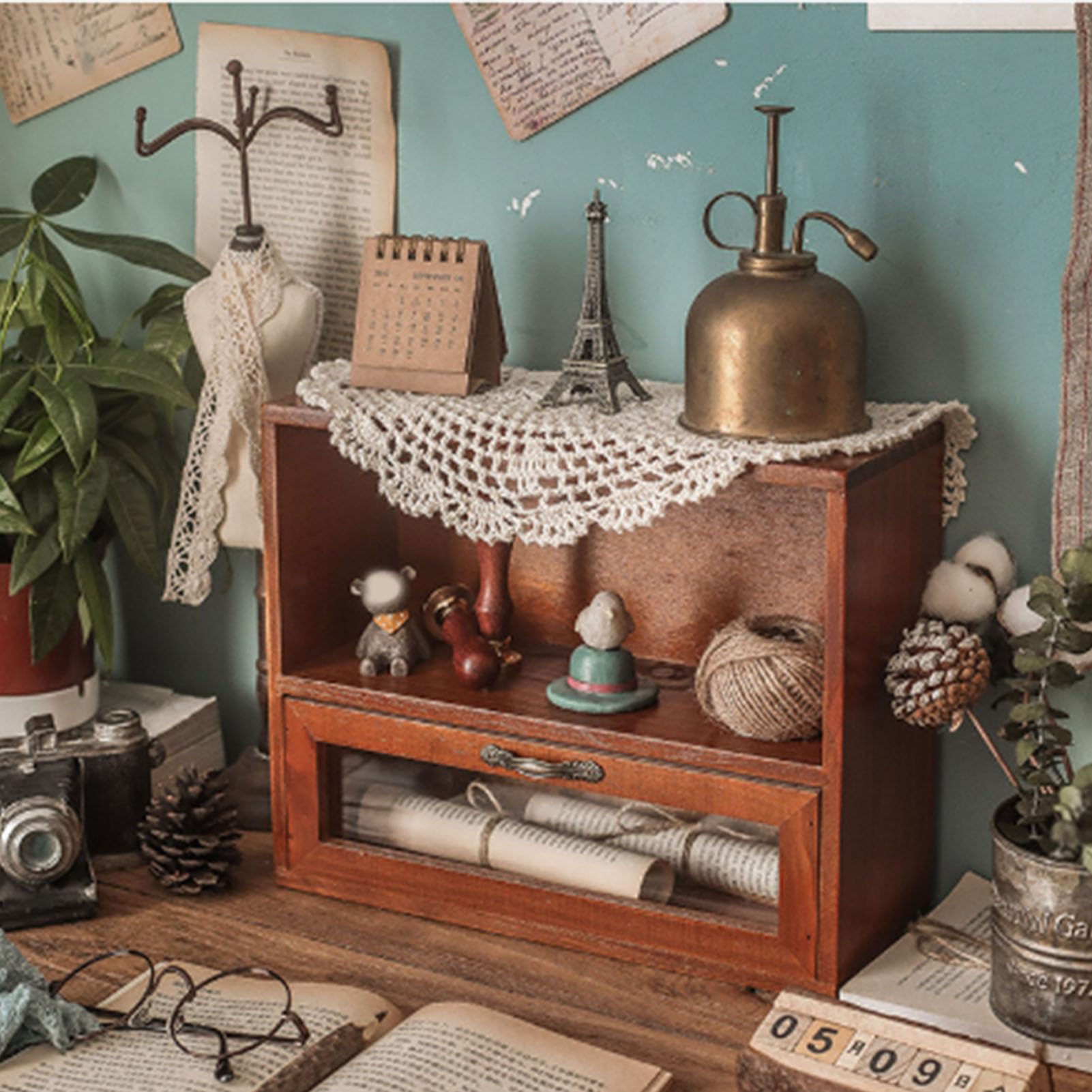 Bureau-Organizers Van Massief Hout - Kantoorartikelen A4/Bonden-Organizer, Houten Opbergdoos Voor Op Het Bureau Met Afsluitbare Lades, Platte Archiefkast, Bone Size