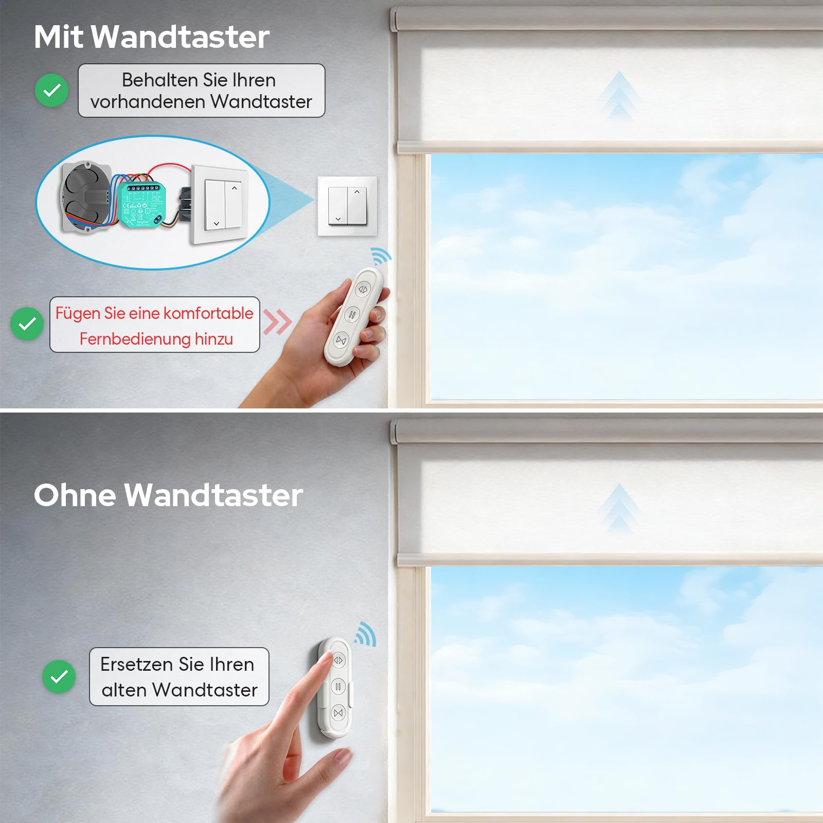 LoraTap Funk Rolladensteuerung Nachrüstset, für Rolladen, Jalousien und Markisen, bestehend aus RF Fernbedienung + Empfänger Modul, leichte Montage