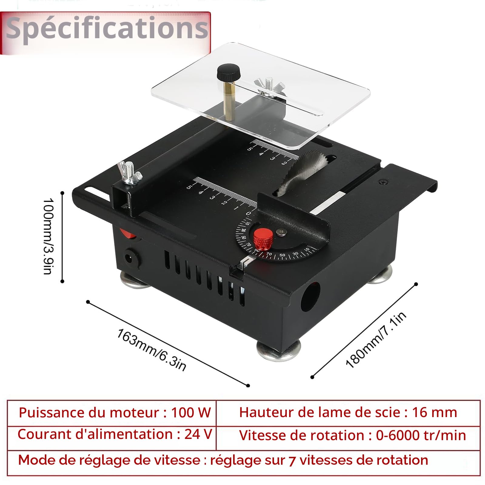 Mini Scie de Table 100W pour Bois, Profondeur de Coupe Réglable 0-16mm, 7 Vitesses, 4 Lames, Petit Banc de Scie