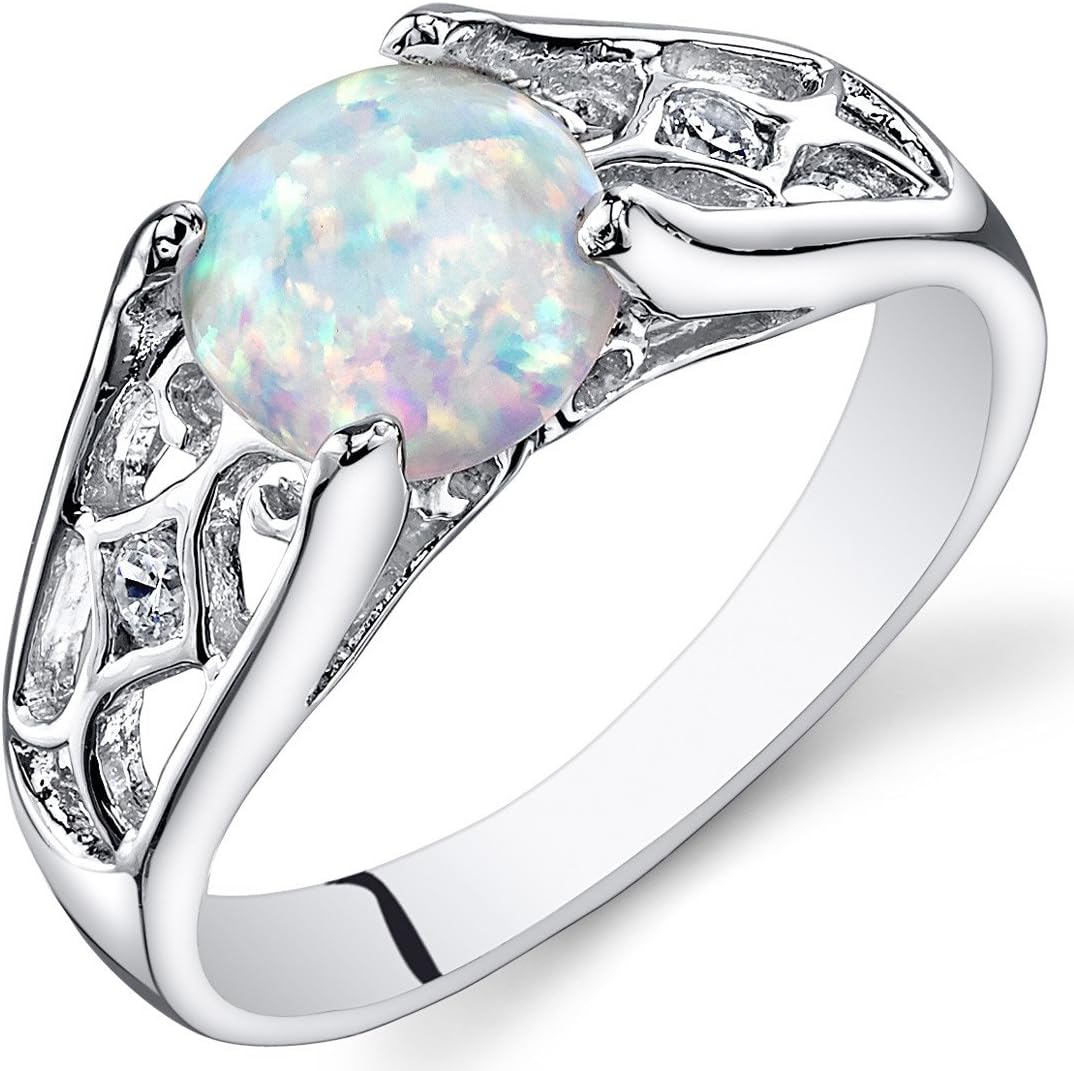 PEORA Created White Fire Opal Ring for Women 925 Sterling Silver, Venetian Vintage Design, 1.25 Carats Round Shape 7mm, Sizes 5 to 9