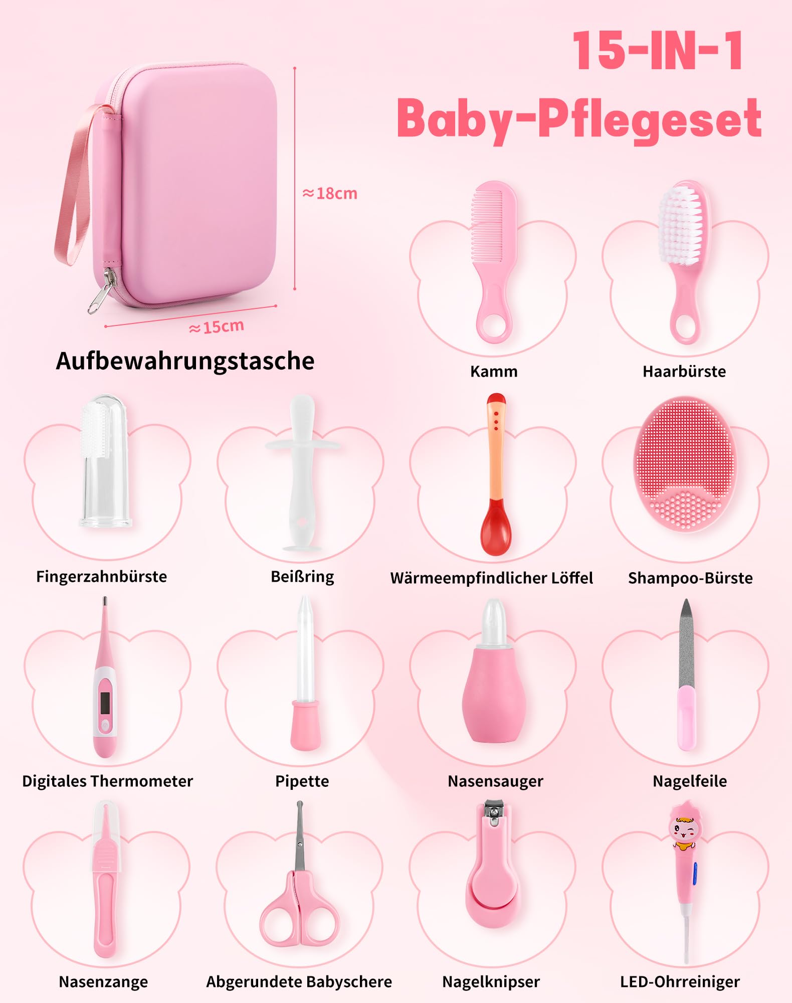 15pcs Trousse de Soin Bebe Kit Trousse de Toilette Bebe pour Prendre Soin kit de Soins pour bébé Professionnel Sans BPA Accessoires Bebe Naissance Fille pour Voyage Maison - Rose