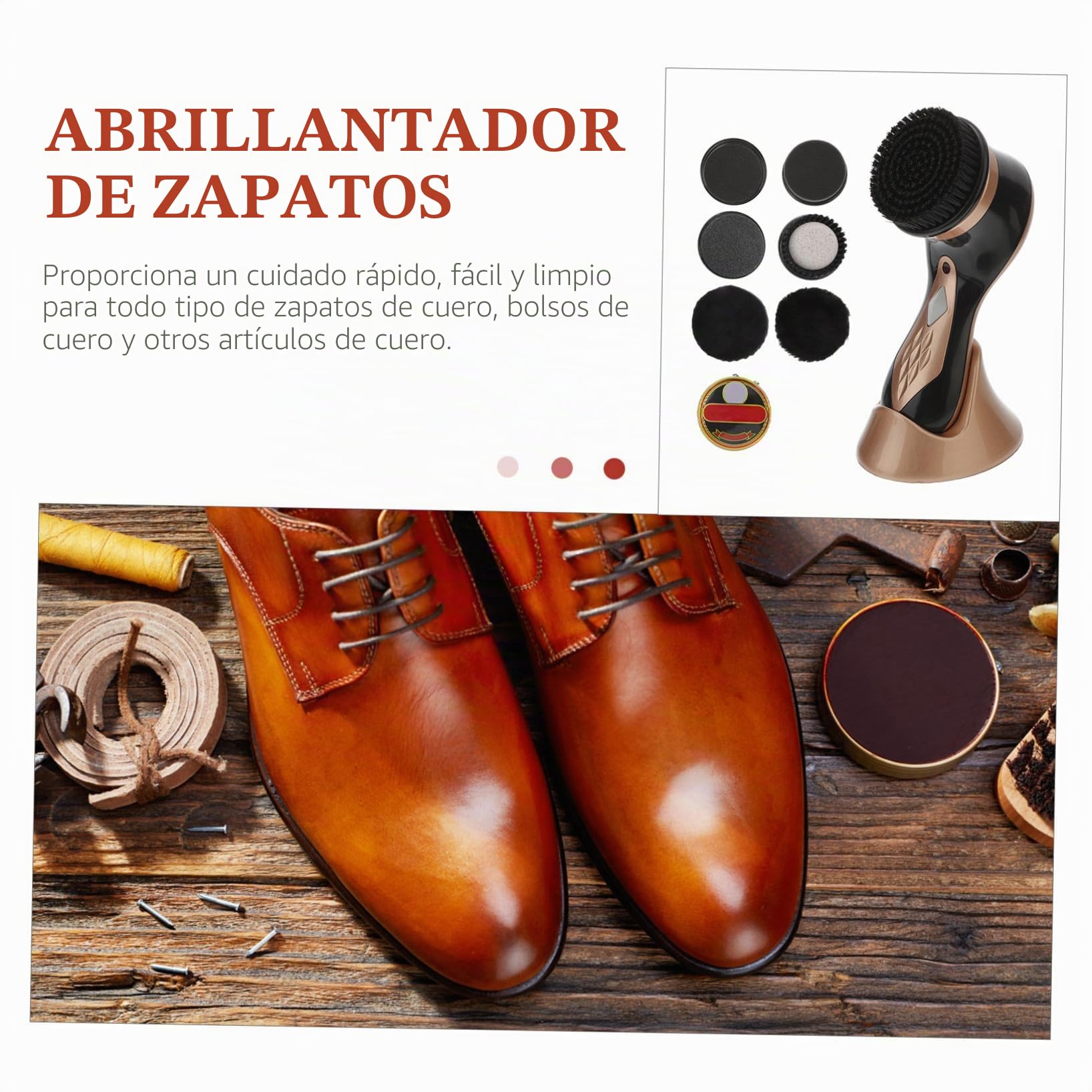 VALICLUD Kit Portátil Eléctrico para Lustrar Zapatos de Cuero Cepillo Pulidor y 7 Accesorios, Cuidado Práctico y Limpio para Calzado y Bolsos Dorados