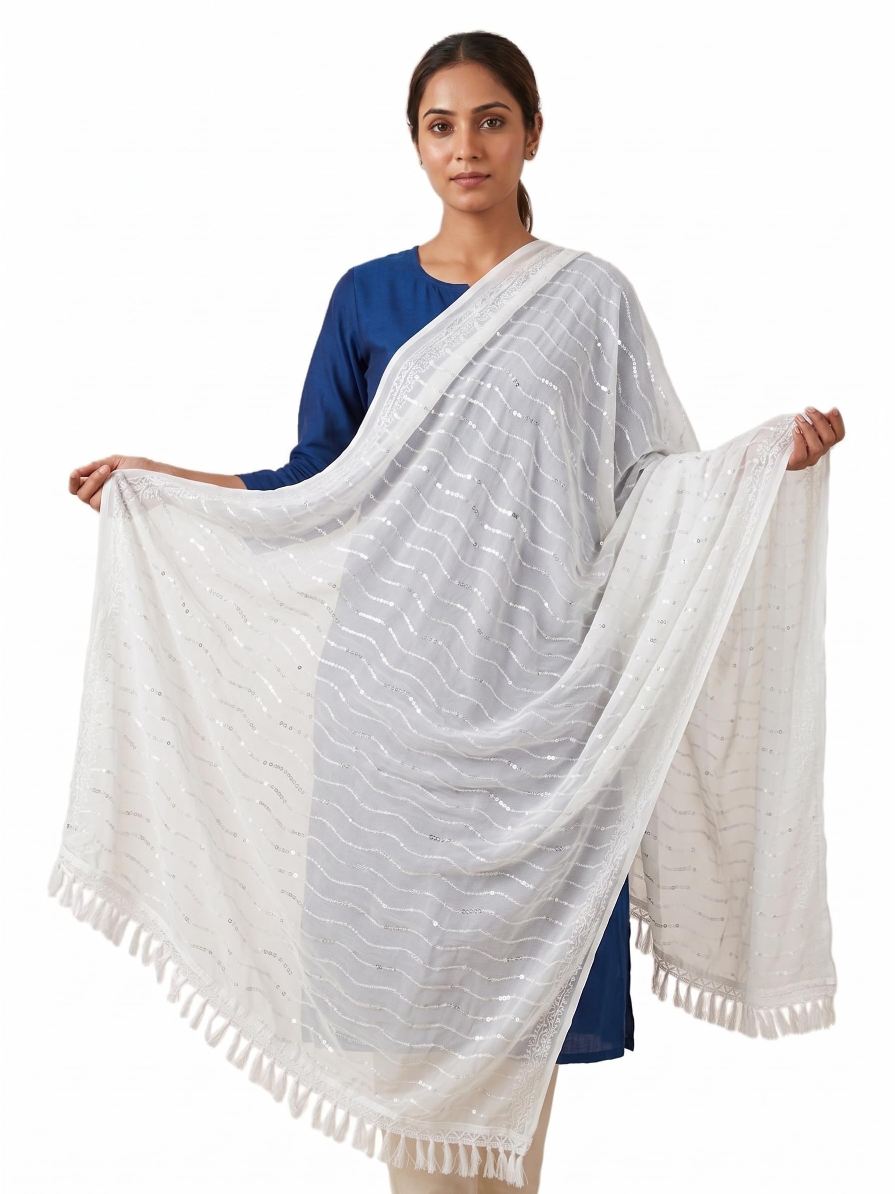 masrat collection Chiffon Wavy Sequin Dupatta for Karwa Chauth, Diwali, Navratri, Eid, Raksha Bandhan, Baisakhi, Lohri & Weddings. Traditional 2.1M Tassel Border Chunni – Ethnic Festive Gift for Women.-picture-44
