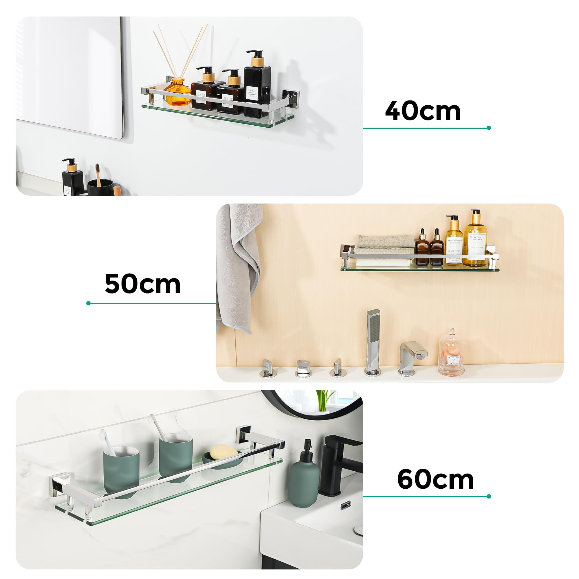 Mensola Doccia Vetro 40CM Acciaio Inox 304 Cromo Lucido per Bagno