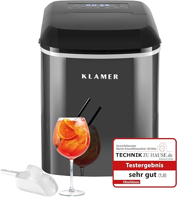 KLAMER Eiswürfelmaschine klein mit Eisschaufel & 2 Eiswürfelgrößen - 10 Eiswürfel in nur 7 Min, 15 kg Eiswürfel pro Tag - leiser Ice Maker mit Timer (schwarz)