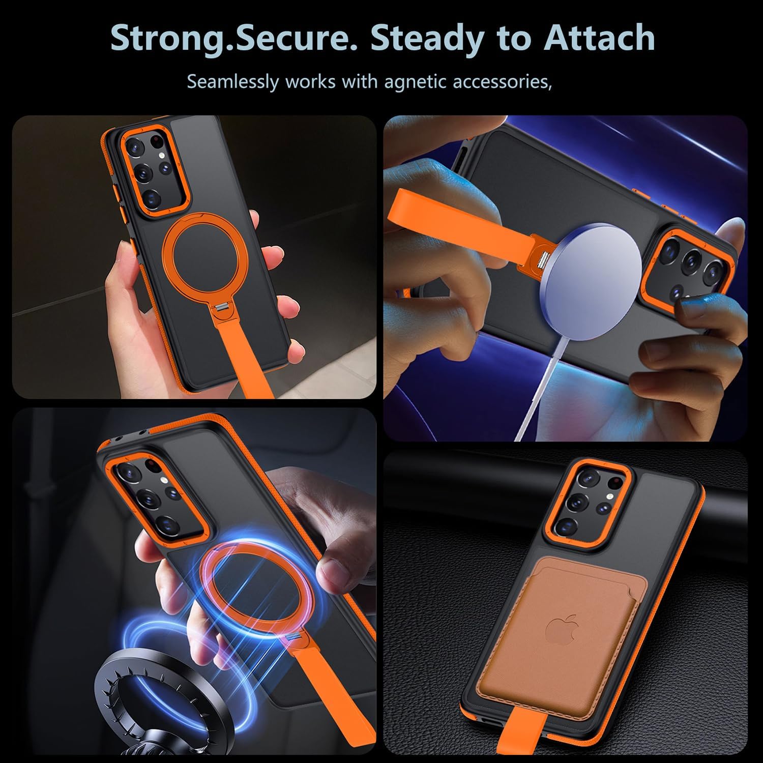 360°Spin Magnetic Stand with Silicone Strap for Samsung Galaxy S21 Ultra Case[Fit for MagSafe], Mil-Grade Shockproof Translucent S21 Ultra Phone Case with Kickstand Rotatable (Orange) 21
