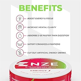 NZE Caffeine Nootropic Pouches (Strawberry Kiwi) - Energy Pouches with 50mg Caffeine, Alpha GPC, L-Tyrosine & L-Theanine - No Sugar or Artificial Sweeteners - 15 Nicotine Free Pouches Per Can - 5 Pack