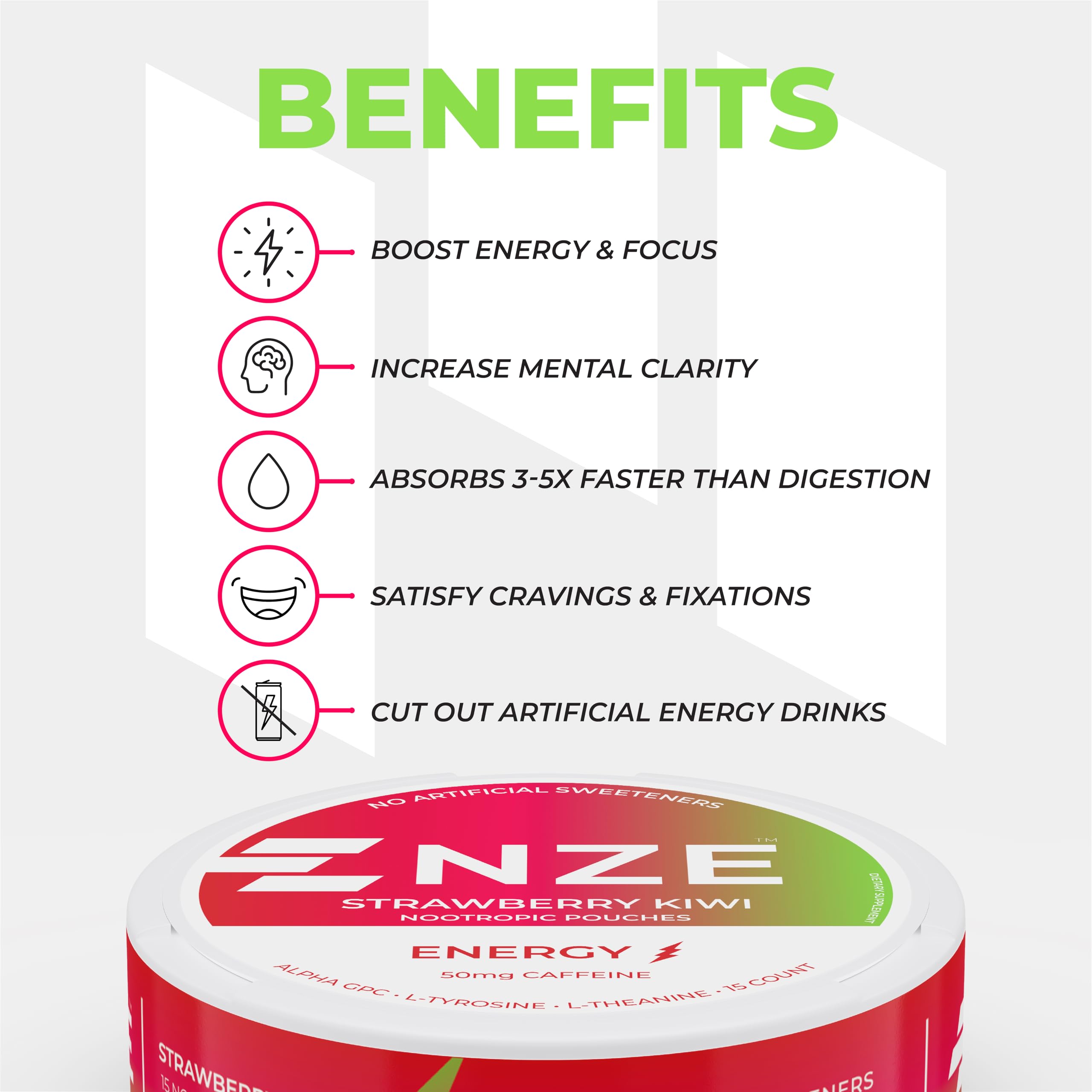 NZE Caffeine Nootropic Pouches (Strawberry Kiwi) - Energy Pouches with 50mg Caffeine, Alpha GPC, L-Tyrosine & L-Theanine - No Sugar or Artificial Sweeteners - 15 Nicotine Free Pouches Per Can - 5 Pack — Amazon image 5