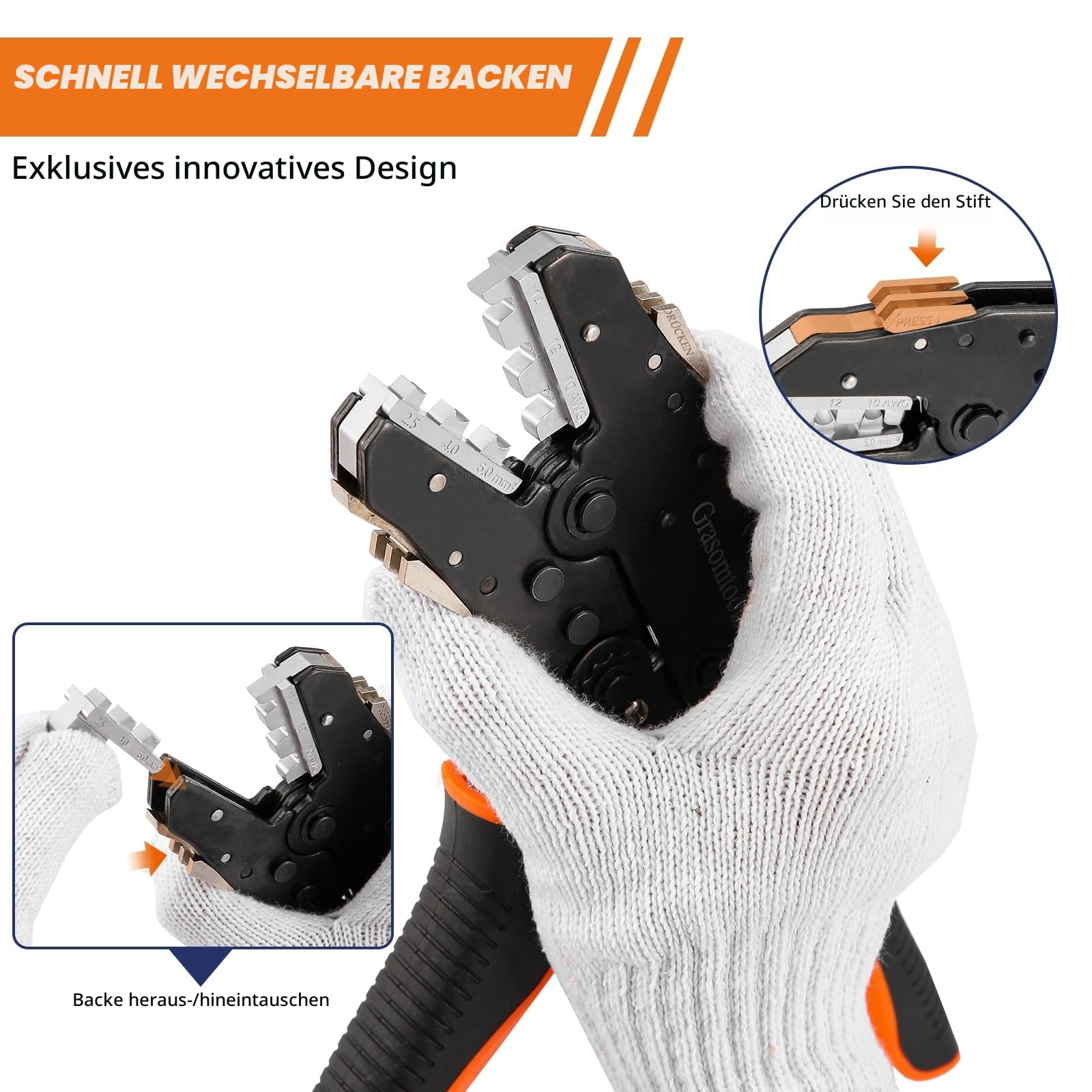 Crimpzange Set, Ratsche Kabelzange Werkzeug Kit, Elektrische Terminal Crimper mit 6 Köpfen für Schnellwechsel, Schrumpfschlauch/Cable Crimp/Solarenergieklemmen