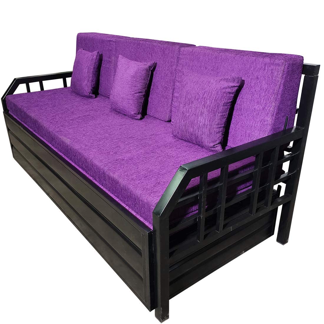 Modern King Size Matte Black Metal Sofa Cum Bed with Hydraulic Storage – 3 Seater, Purple Finish (6X6) Modern King Size Matte Black Metal Sofa Cum Bed with Hydraulic Storage – 3 Seater, Purple Finish (6X6)
