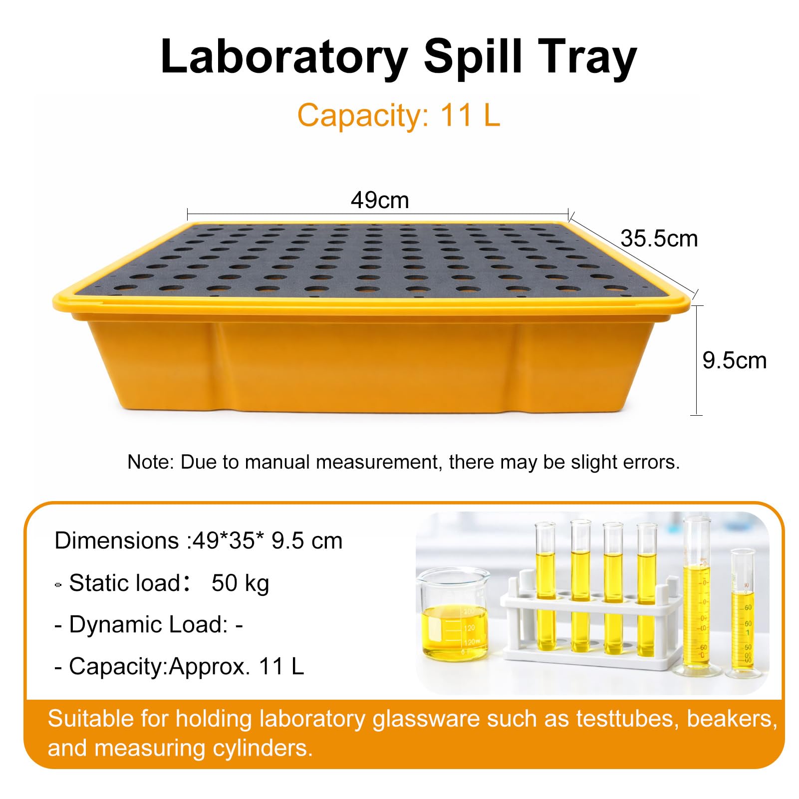 Bandeja de contención química con rejilla extraíble – de plástico estanca apilable fácil de limpiar para laboratorio taller e industria (49 * 35.5 * 9.5cm)