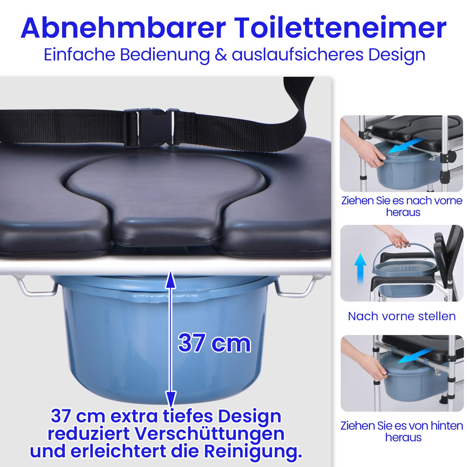 Toilettenstuhl für Senioren, Duschstuhl mit Rollen, 3-in-1 Toilettenstuhl & Duschstuhl für Senioren, inkl. Urineimer, höhenverstellbar, faltbar, mit Rollen und Armlehnen, belastbar bis 136 kg