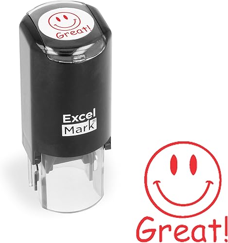 ExcelMark Genial! Smiley Face - Sello redondo autoentintado para profesor, tinta roja