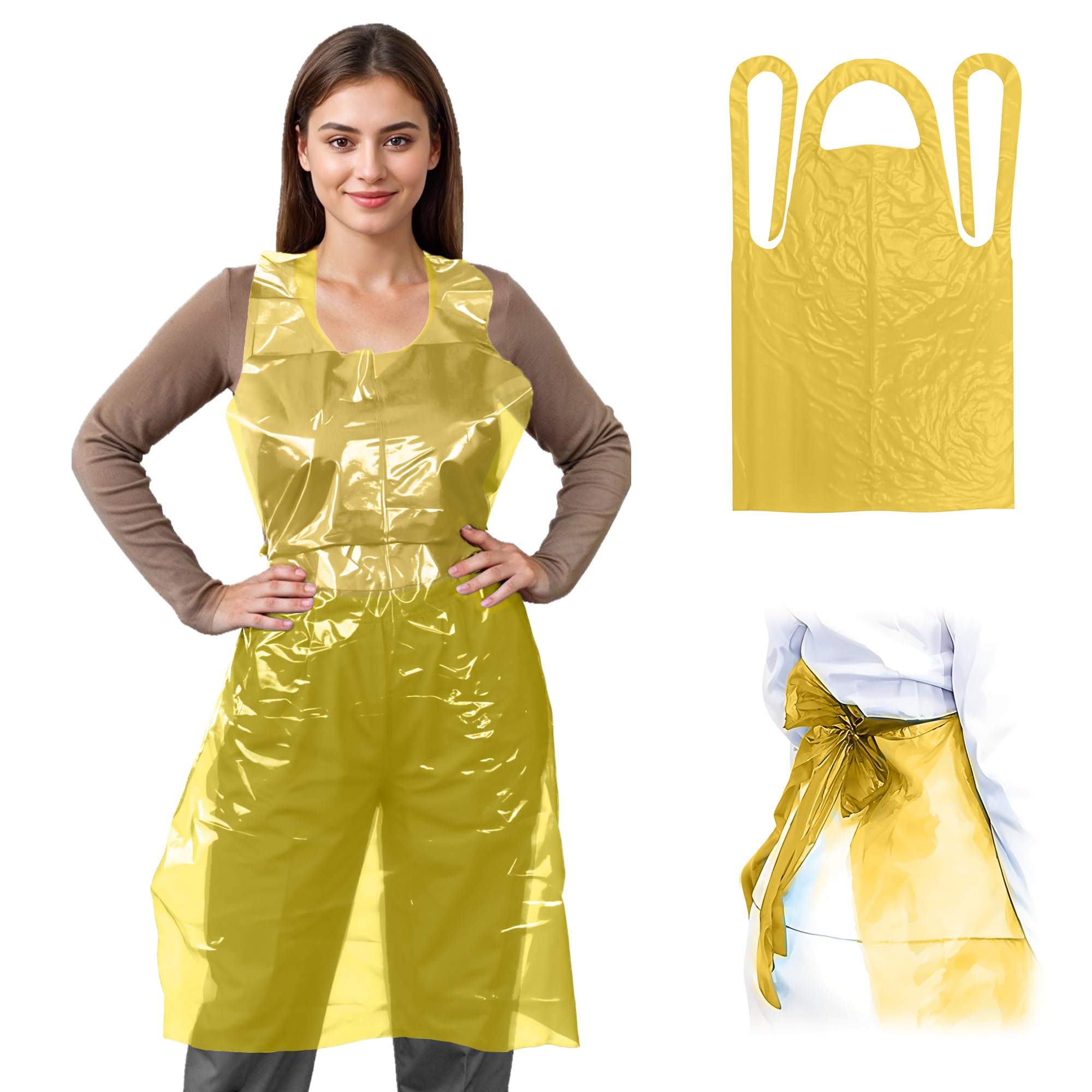 EZGOODZ Disposable Plastic Aprons for Adults 28 x 46 Inch. Pack of 100 Yellow Disposable Aprons Adults for Painting. Waterproof Lightweight 1.0 Mil
