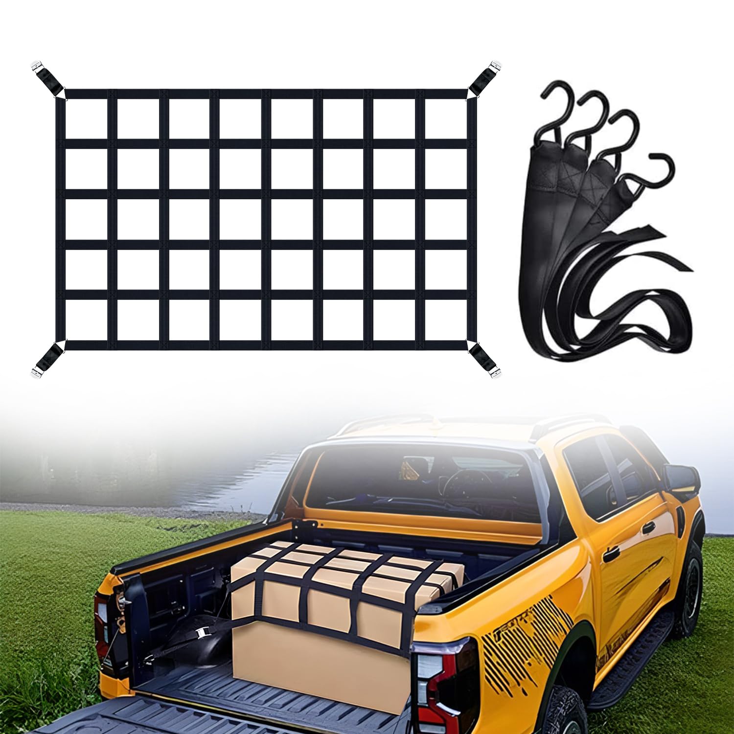 Ciężka siatka ładunkowa do pickupa – 168 x 127 cm, udźwig 500 kg, z regulowanymi klamrami i hakami S, w tym worek na sznurku – wytrzymała siatka transportowa do przyczep i samochodów ciężarowych