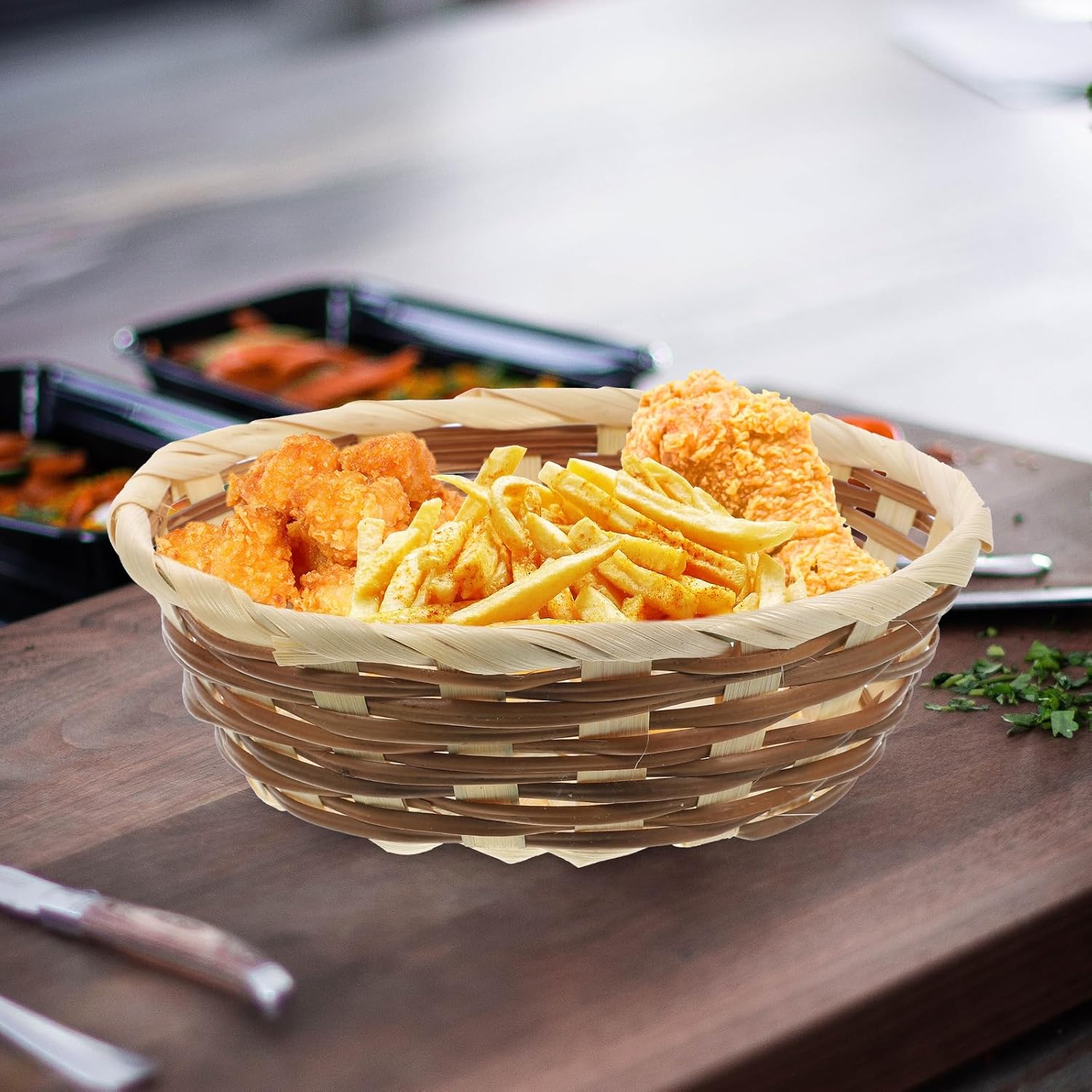 ラウンドウィッカー 6インチ 3個 フードサービング ハンドメイド フルーツボウル 小さなフードトレイ 保存容器 パン/キッチンテー