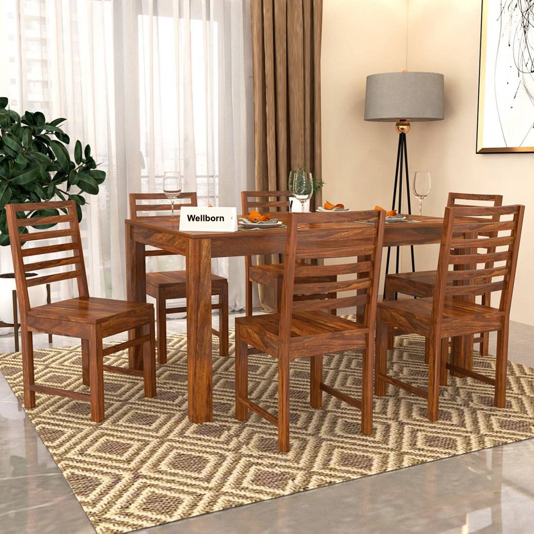 WELLBORN Solid Sheesham Wood 6 Seater Dining Table with 6 Chair Dining Set for Living Room Dining Set | Hotel Restaurants Dining Set | Finish - Walnut (Honey)