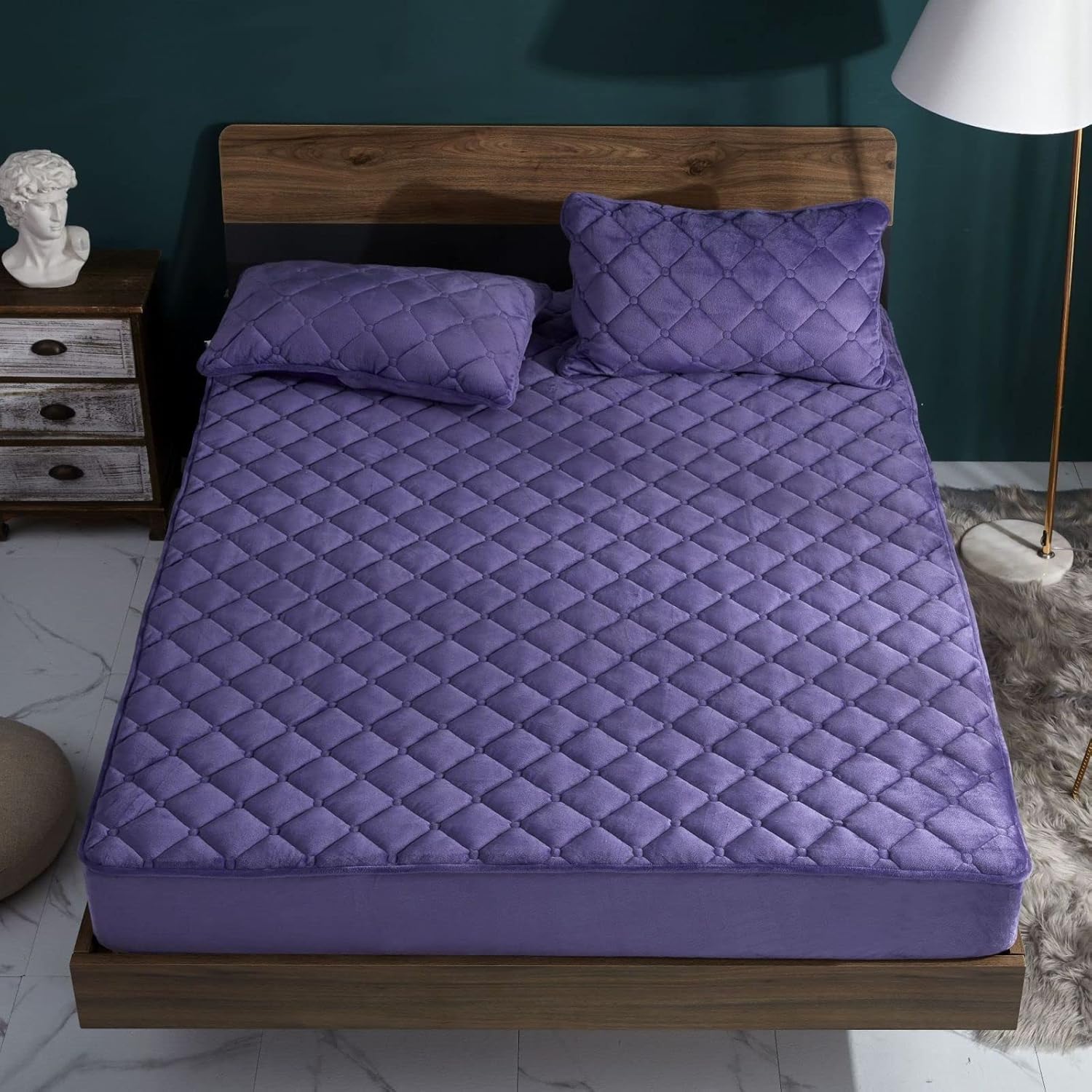 FCLDESHOP King Size Sheets,Autumn Winter Thickened Quilted Crystal Velvet Bedding Sheets, Warm Solid Color Deep Pocket Mattress Protector,Purple,120 * 200cm+25cm (3pcs)