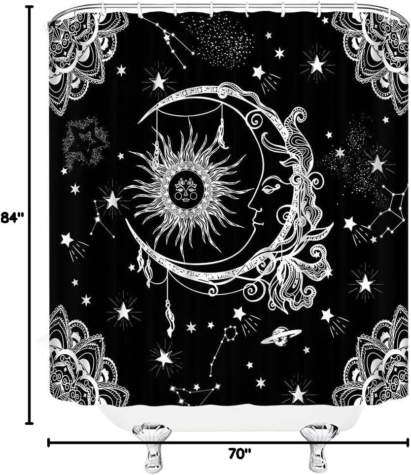 Burning Sun and Moon Shower Curtain Vintage Sketch Celestial Mandala Floral Pattern Black White Constellation Mysticism Chic Abstract Fabric Bathroom Decor Set with Hooks,(84" Wx70 H)