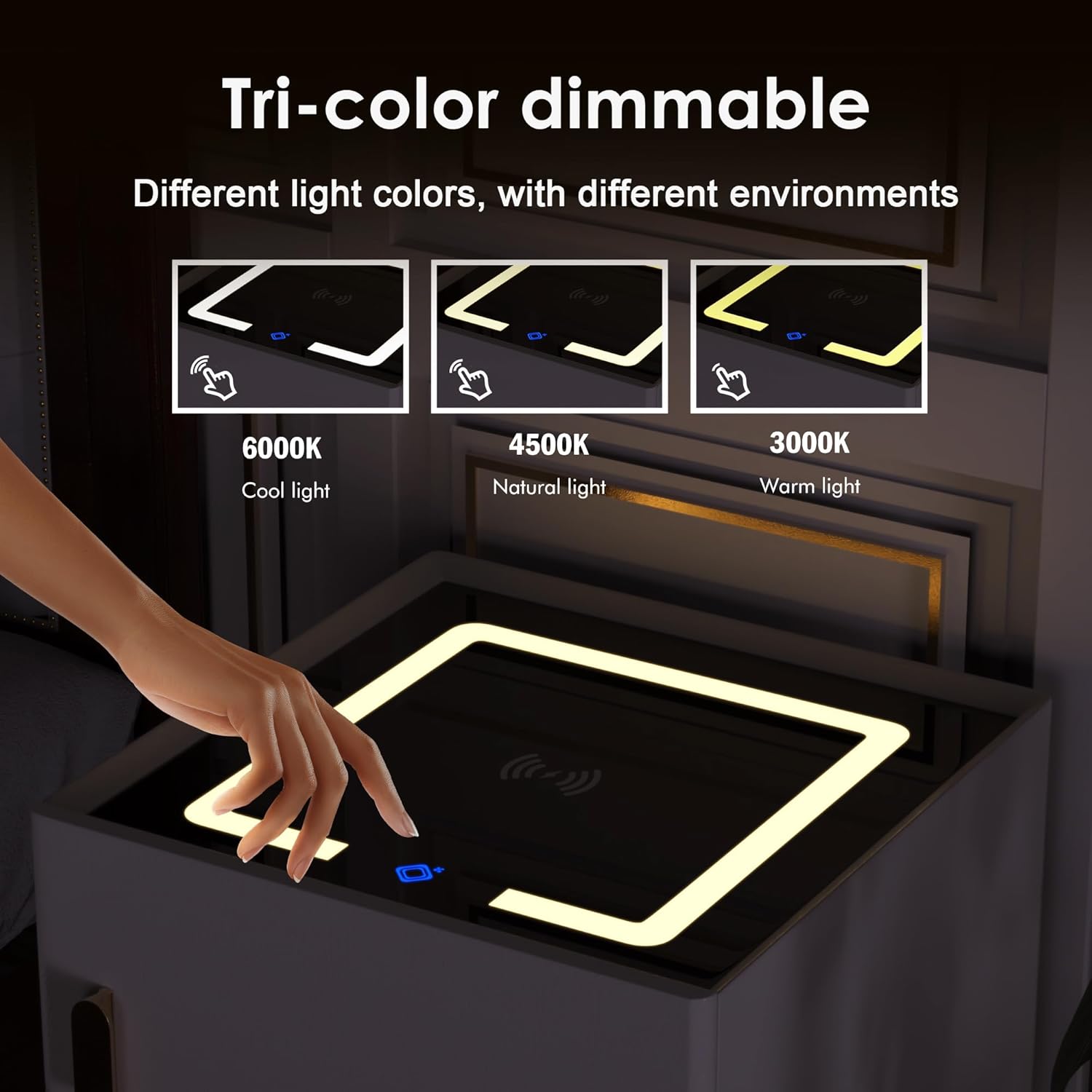 Smart Nightstand with Safe, Multifunction LED Nightstand Modern End Table with 3 Color LED, Wireless Charging Station Bedside Table for Bedroom