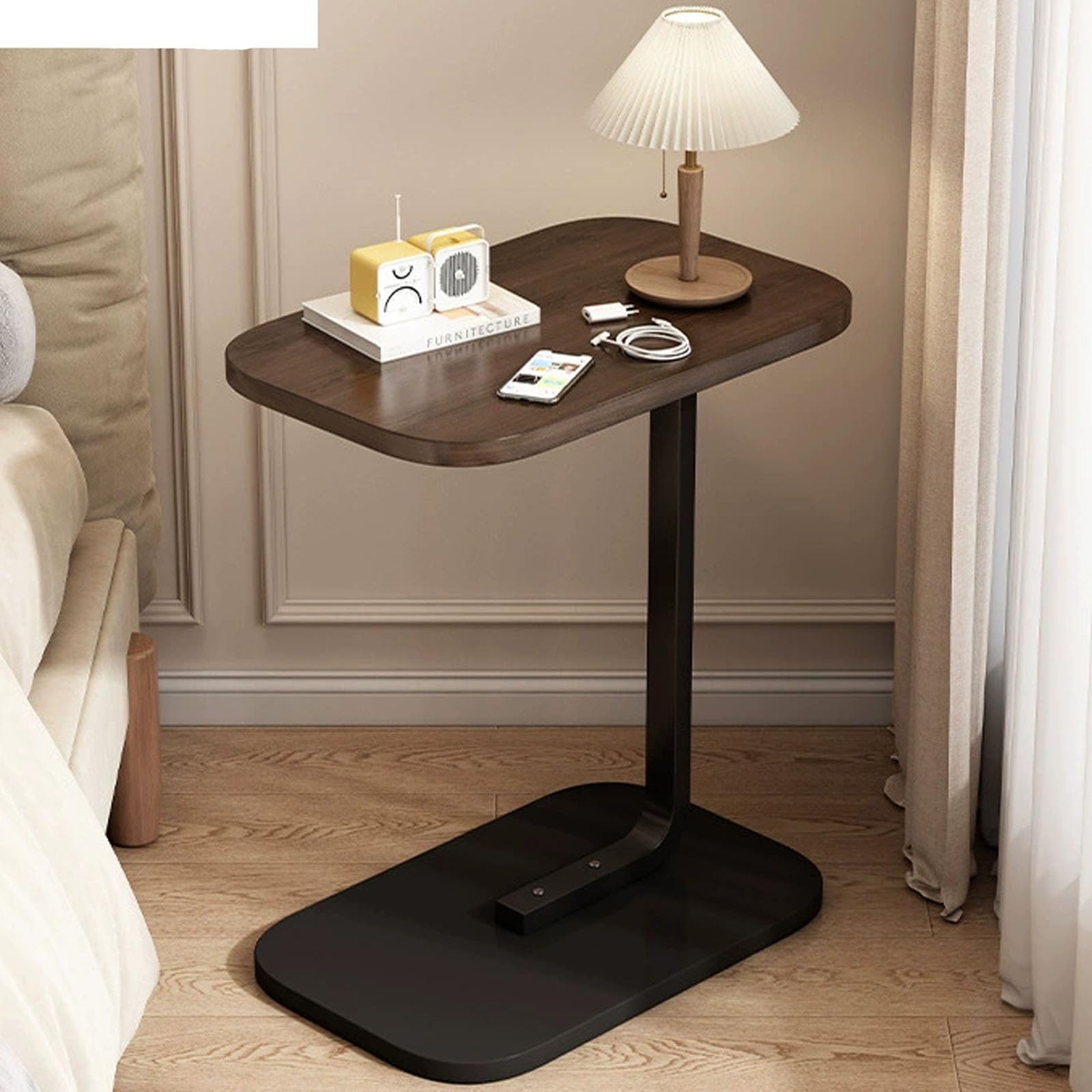 SXZenSpace C Shaped End Table for Couch Wood,Small Side Slide under with TV Tray, Living Room,Small Spaces,Bedroom,Black walnut