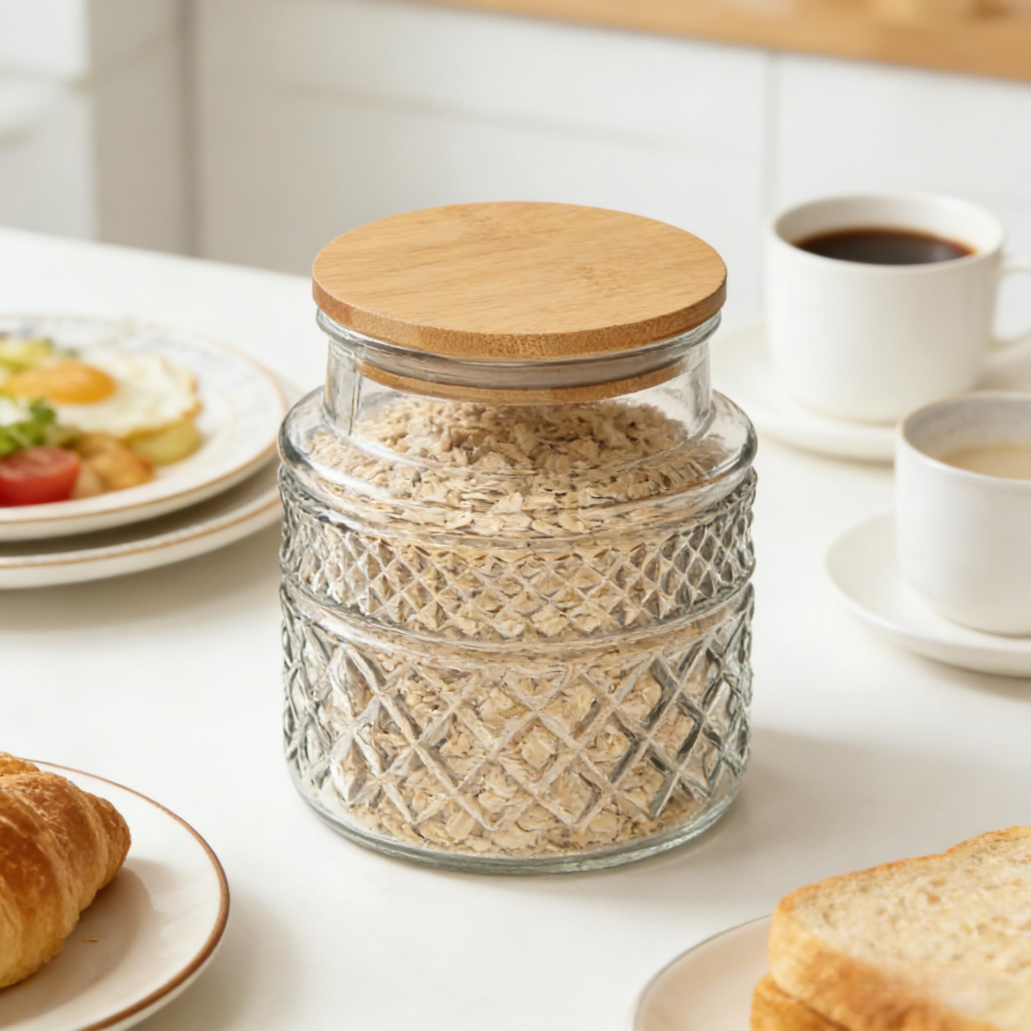 Prettidecor Tarros de almacenamiento de vidrio, botes herméticos de 38 onzas líquidas con tapa de bambú, recipientes decorativos de cocina para cereales, nueces, aperitivos, dulces, galletas, café, té