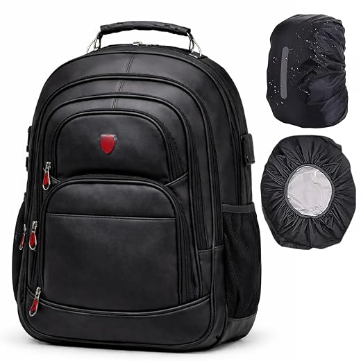 Mochila Antifurto 45 Litros para Notebook Couro Sintético com Cadeado e Cabo de Aço I Porta USB I Multi Compartimentos + Capa Impermeável I Executiva Trabalho Viagem