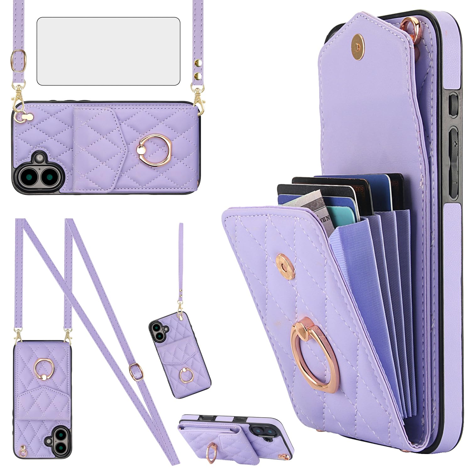 Asuwish Compatible with iPhone 16 6.1 inch Wallet Case Tempered Glass Screen Protector and Wrist Strap Ring Stand RFID Blocking Card Holder Cell Phone